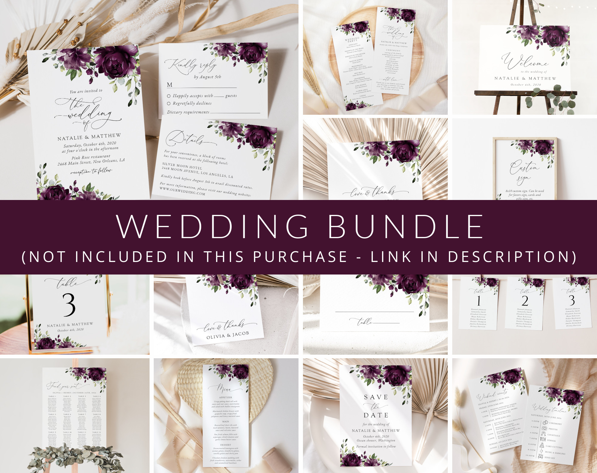 Plum Purple Flowers Wedding Bundle, Printable File, Edit Yourself, SH31 Plum Purple Flowers Wedding Bundle, Printable File, Edit Yourself, SH31