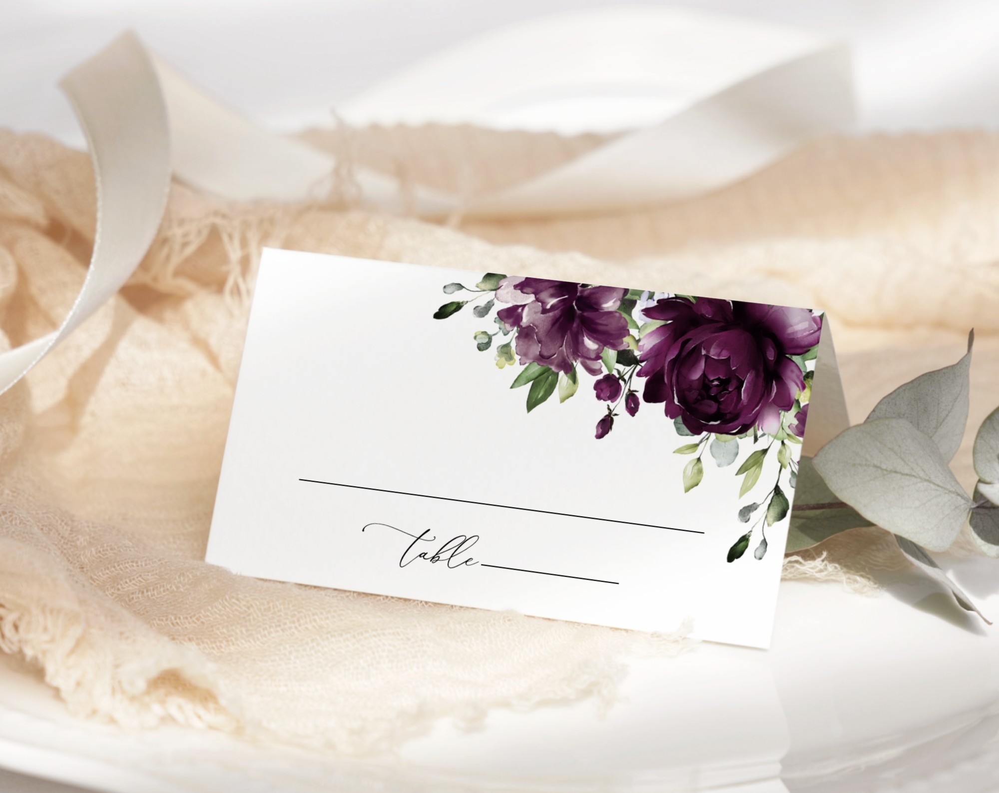 Plum Purple Flowers Place Card, Wedding Stationery, Printable File, Edit Yourself, SH31