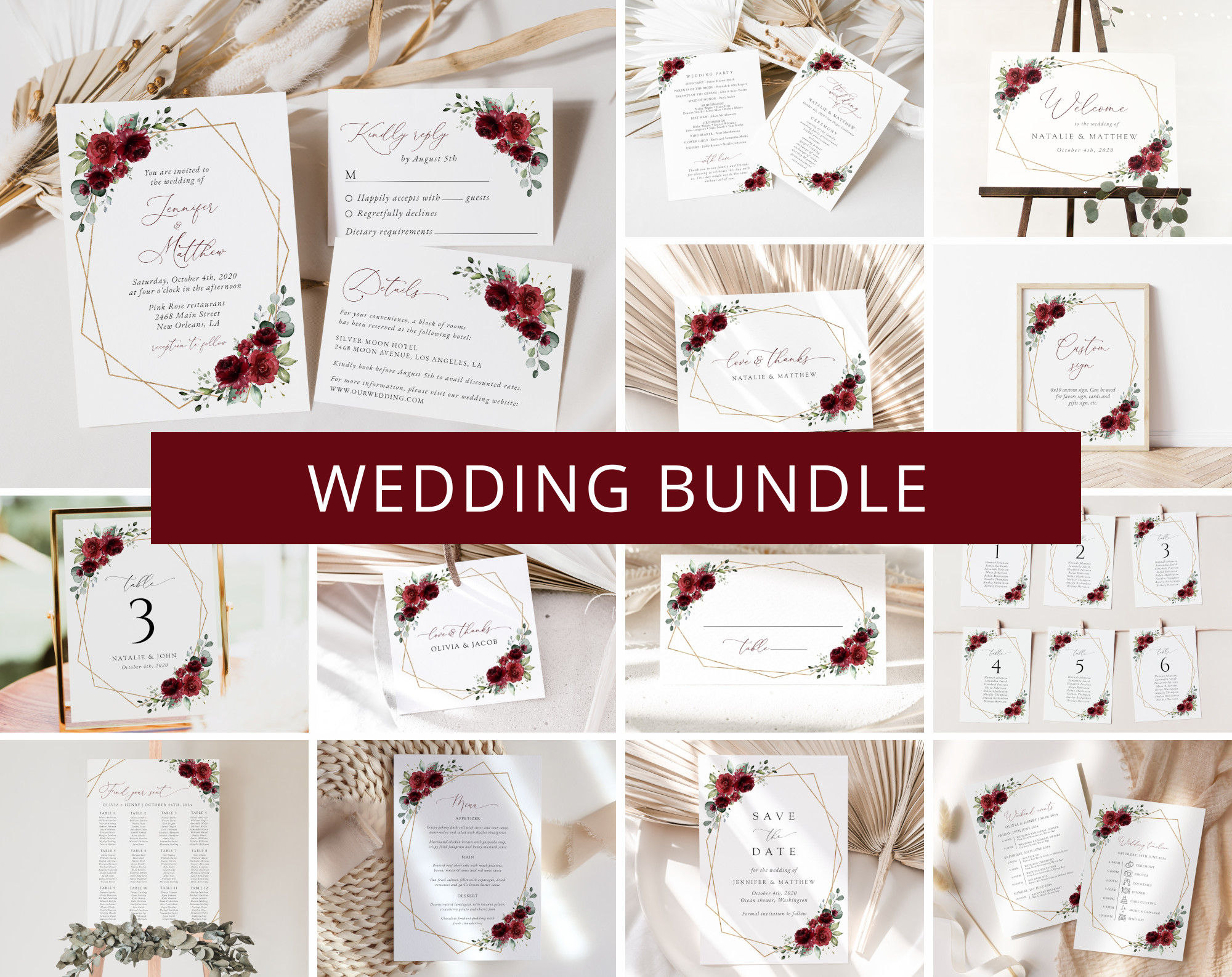 Burgundy Red Flowers Wedding Bundle, Printable File, Edit Yourself, SH34 Burgundy Red Flowers Wedding Bundle, Printable File, Edit Yourself, SH34
