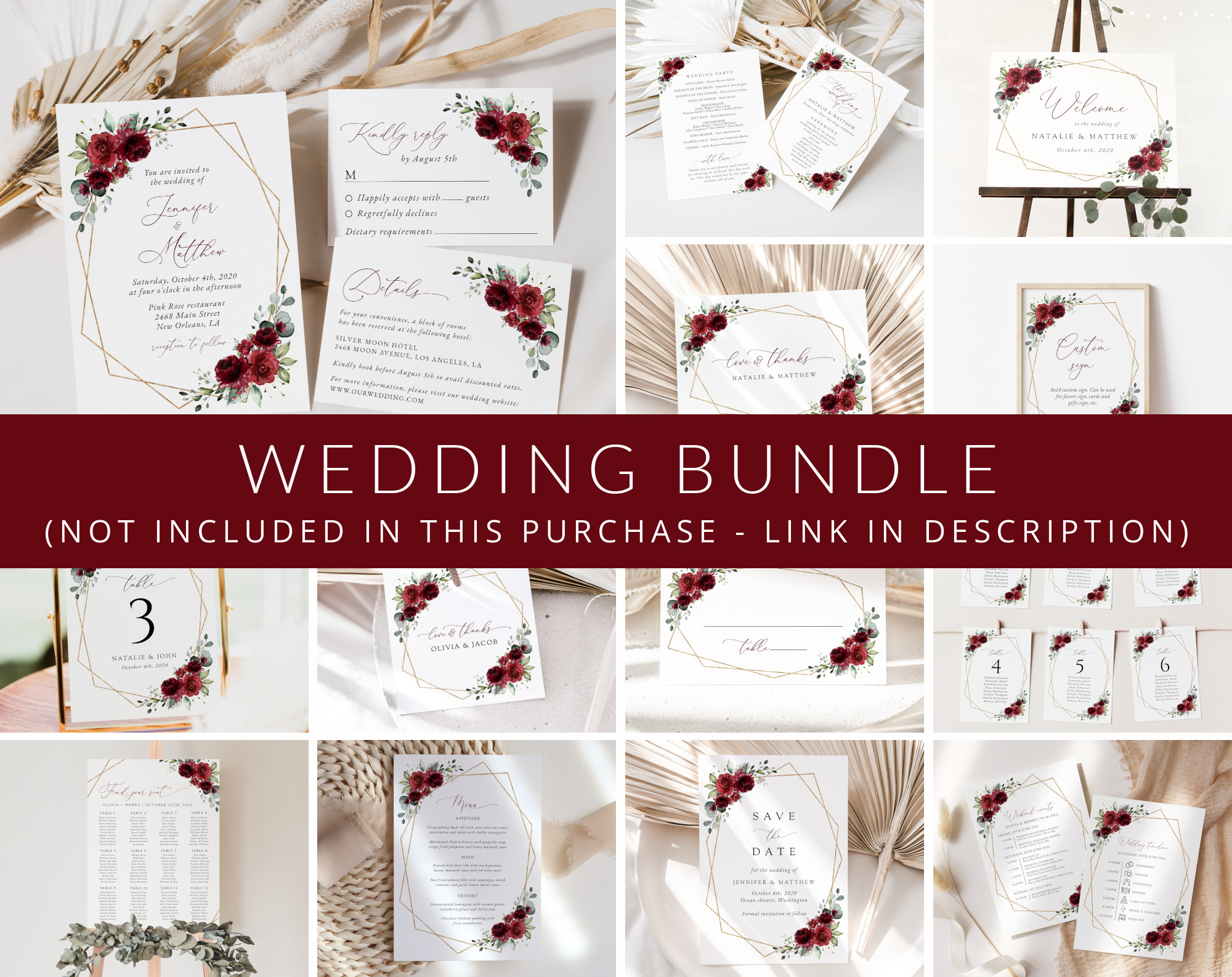 Burgundy Red Flowers Wedding Bundle, Printable File, Edit Yourself, SH34 Burgundy Red Flowers Wedding Bundle, Printable File, Edit Yourself, SH34