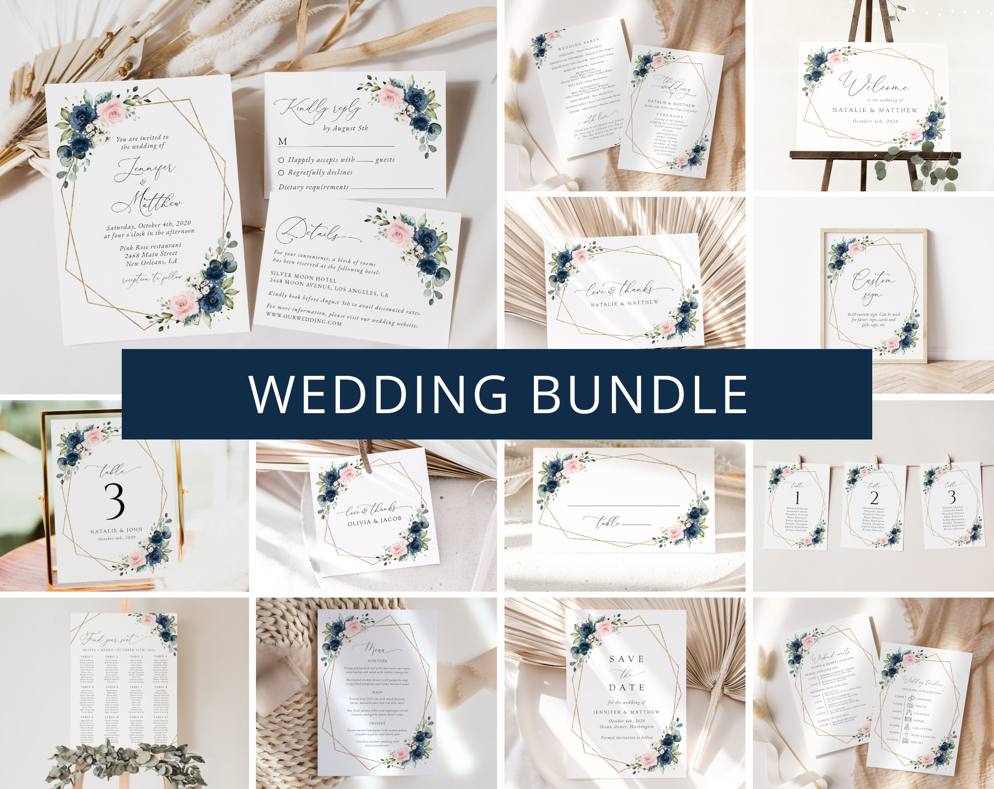 Navy and Pink Flowers Wedding Bundle, Printable File, Edit Yourself, SH35 Navy and Pink Flowers Wedding Bundle, Printable File, Edit Yourself, SH35