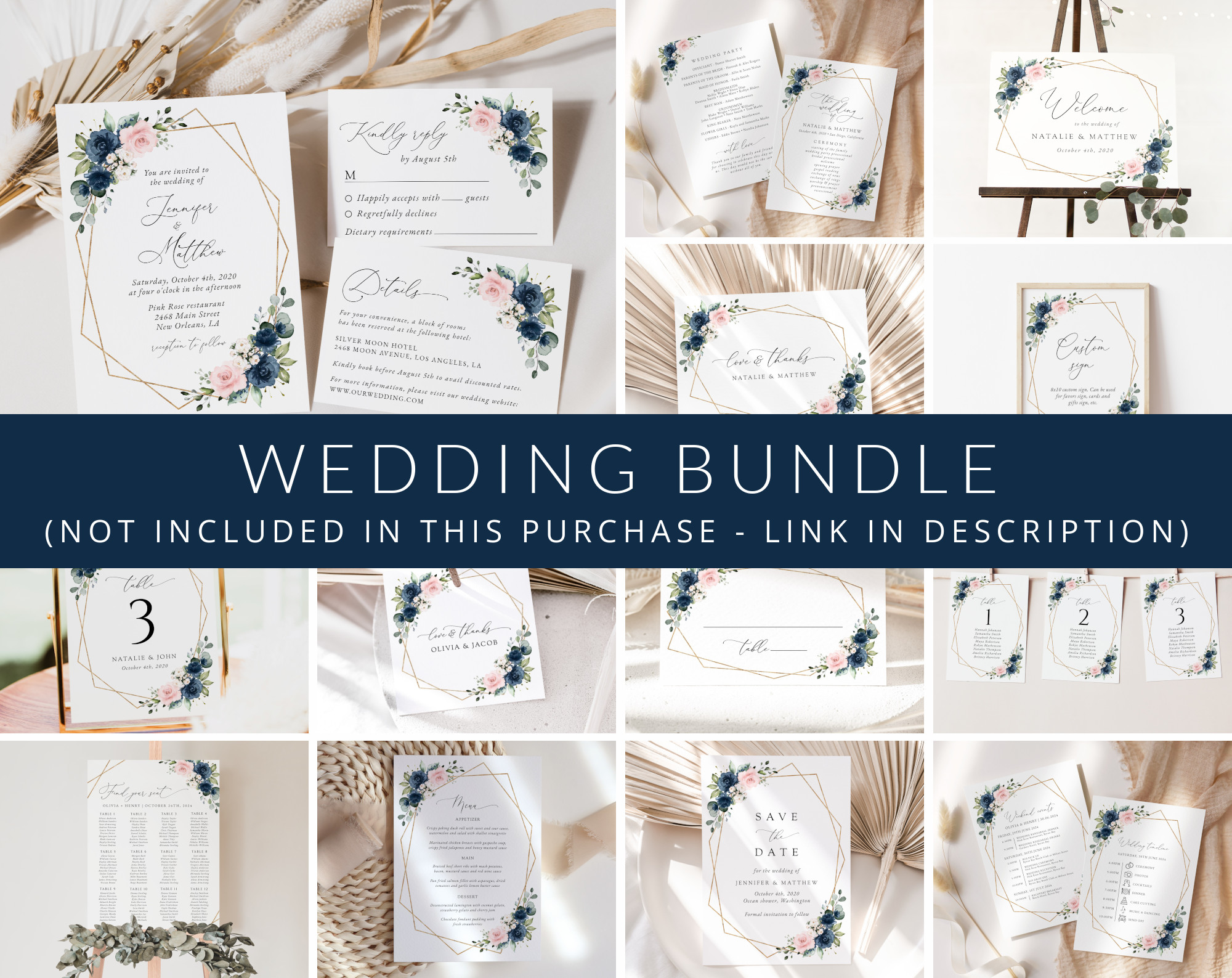 Navy and Pink Flowers Wedding Bundle, Printable File, Edit Yourself, SH35 Navy and Pink Flowers Wedding Bundle, Printable File, Edit Yourself, SH35