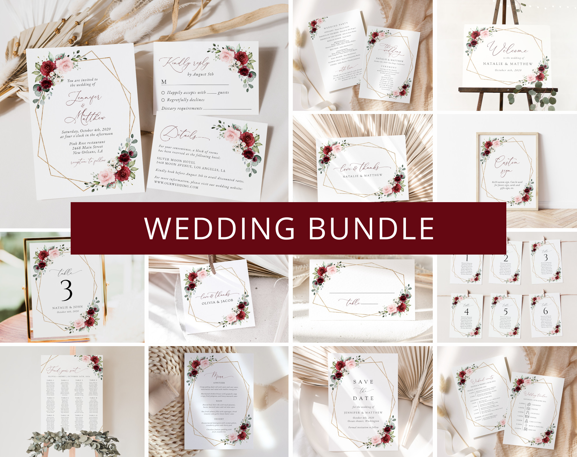 Burgundy and Pink Flowers Wedding Bundle, Printable File, Edit Yourself, SH36 Burgundy and Pink Flowers Wedding Bundle, Printable File, Edit Yourself, SH36