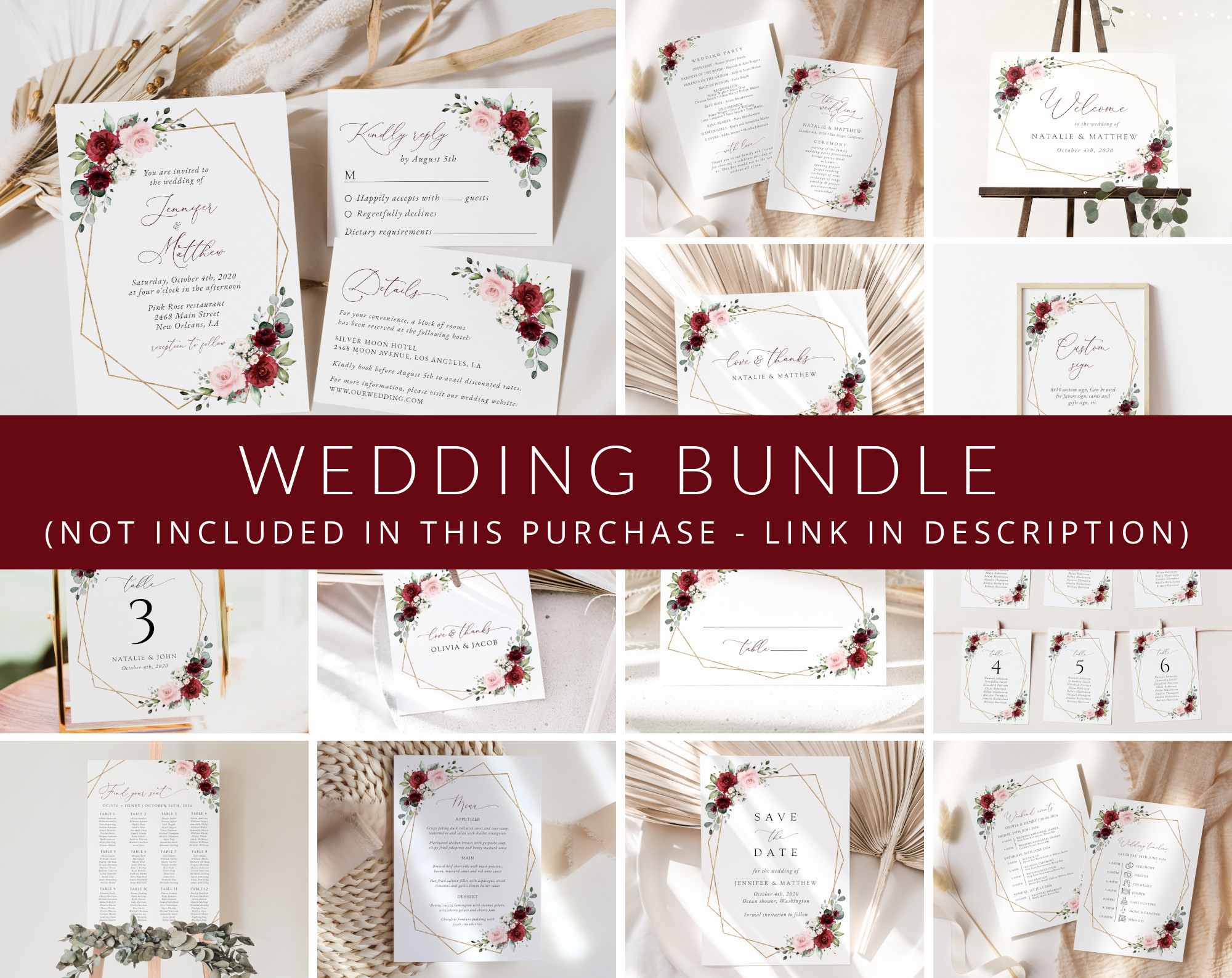 Burgundy and Pink Flowers Wedding Bundle, Printable File, Edit Yourself, SH36 Burgundy and Pink Flowers Wedding Bundle, Printable File, Edit Yourself, SH36
