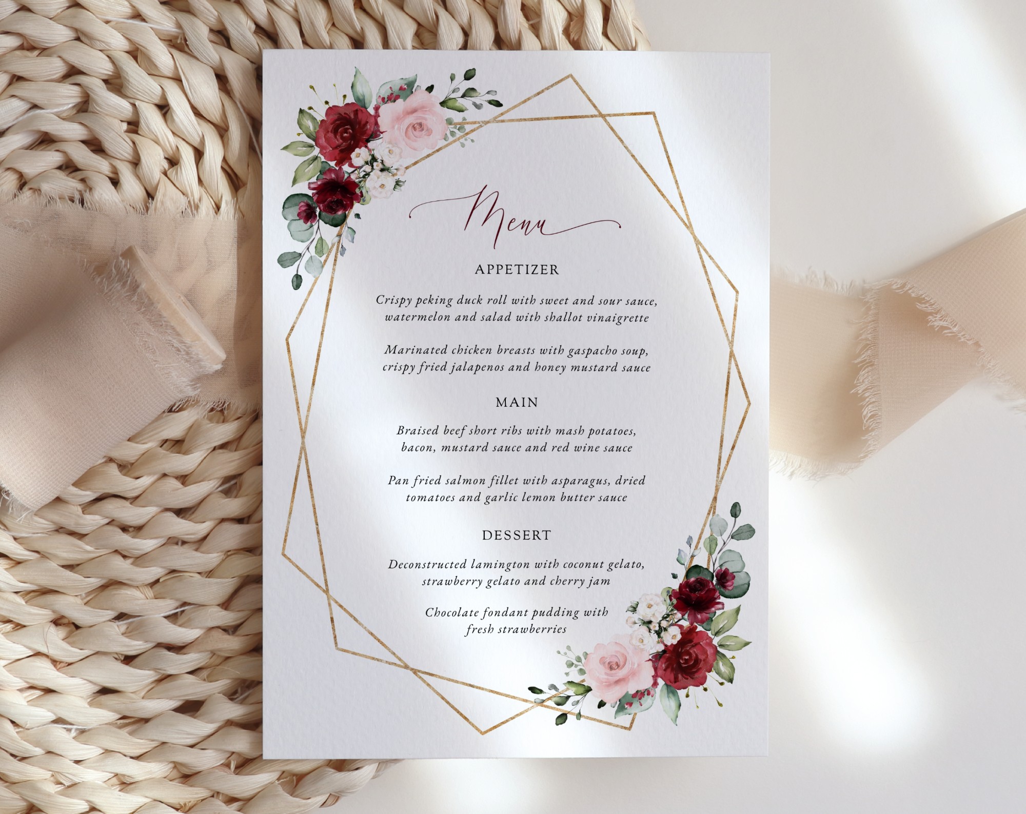 Burgundy and Pink Flowers Wedding Menu, Wedding Stationery, Printable File, Edit Yourself, SH36