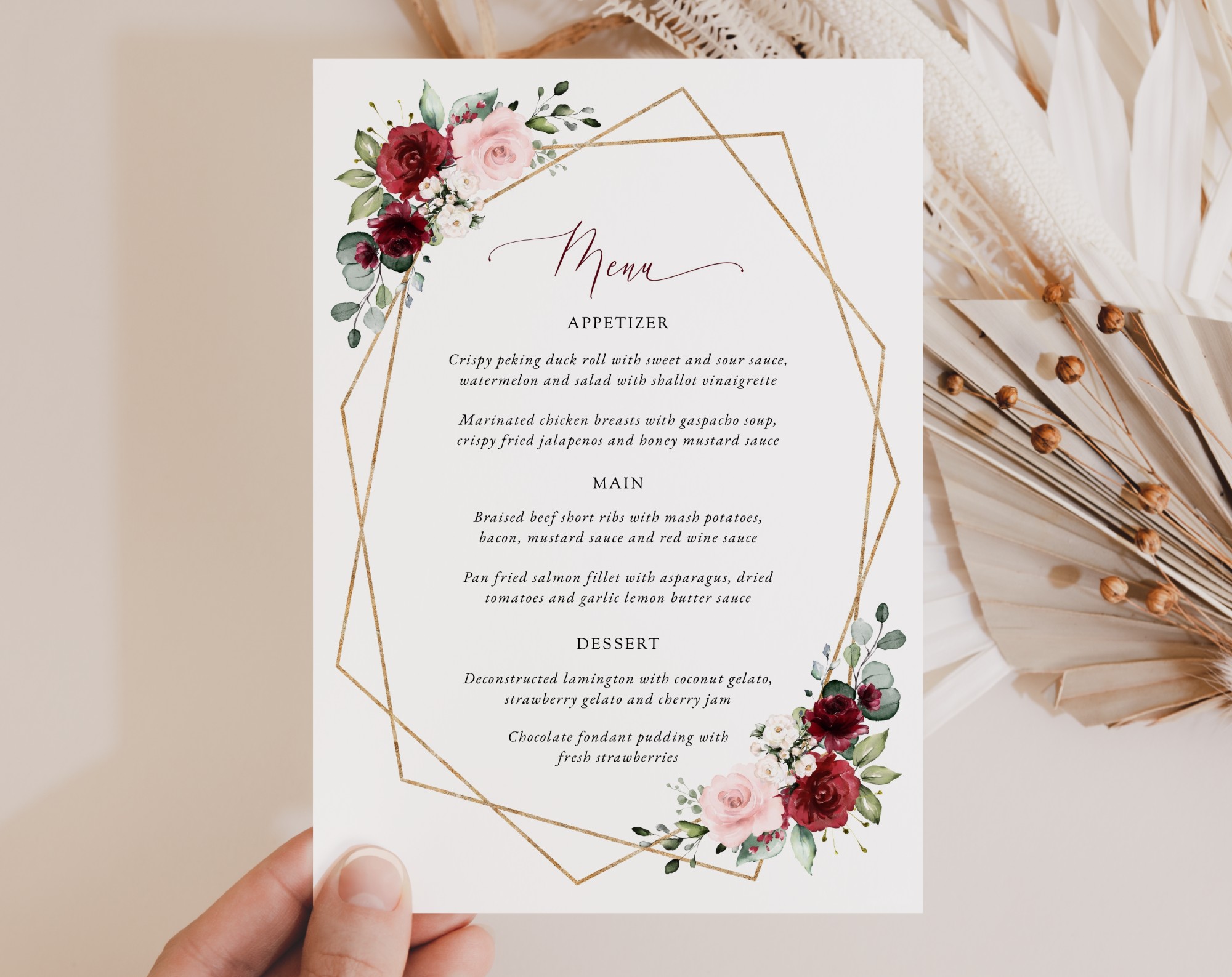 Burgundy and Pink Flowers Wedding Menu, Wedding Stationery, Printable File, Edit Yourself, SH36