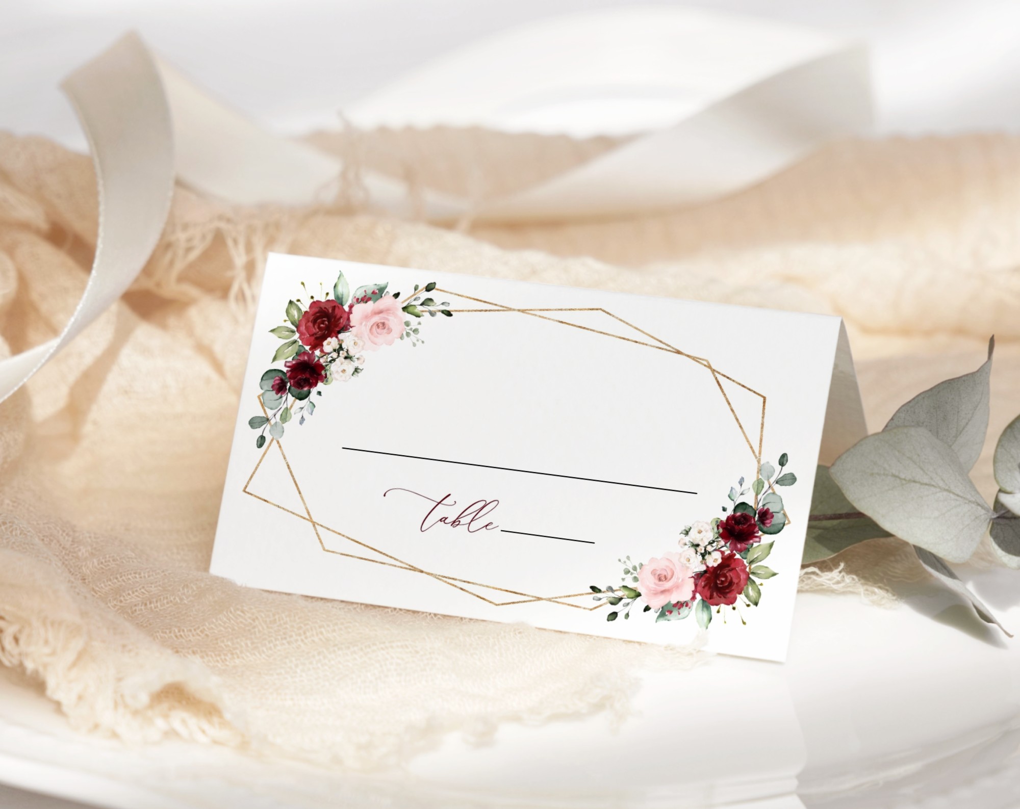 Burgundy and Pink Flowers Place Card, Wedding Stationery, Printable File, Edit Yourself, SH36 Burgundy and Pink Flowers Place Card, Wedding Stationery, Printable File, Edit Yourself, SH36