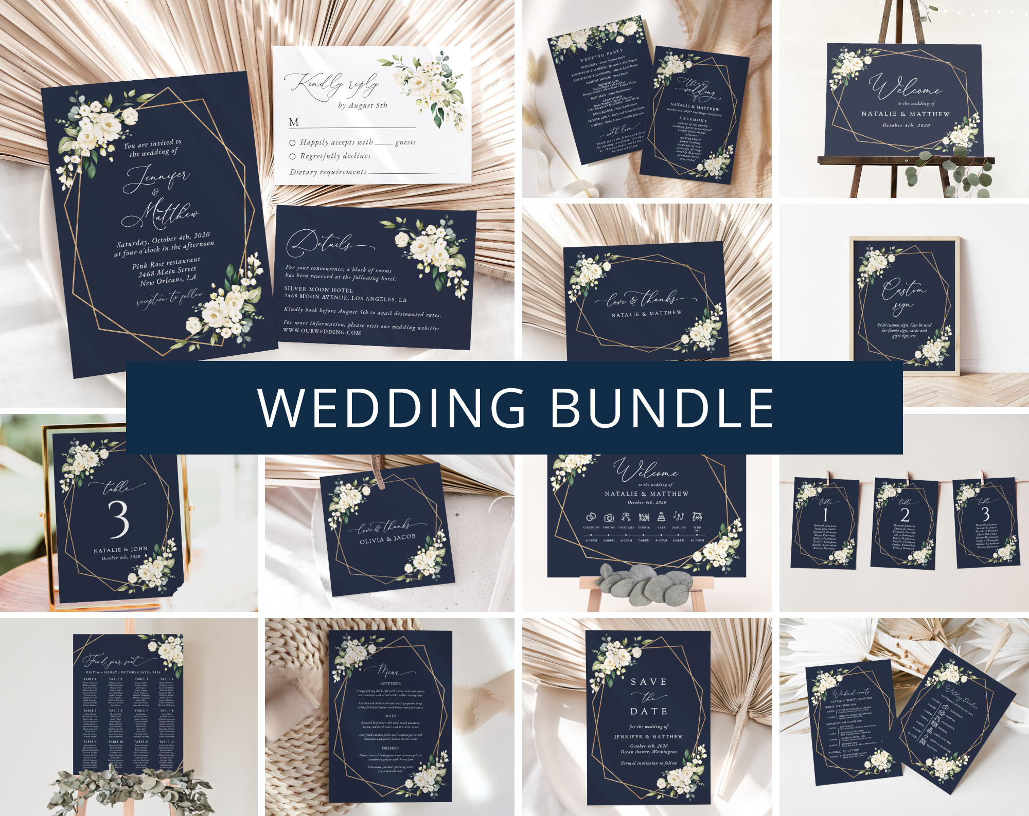 Navy and White Flowers Wedding Bundle, Printable File, Edit Yourself, SH41 Navy and White Flowers Wedding Bundle, Printable File, Edit Yourself, SH41