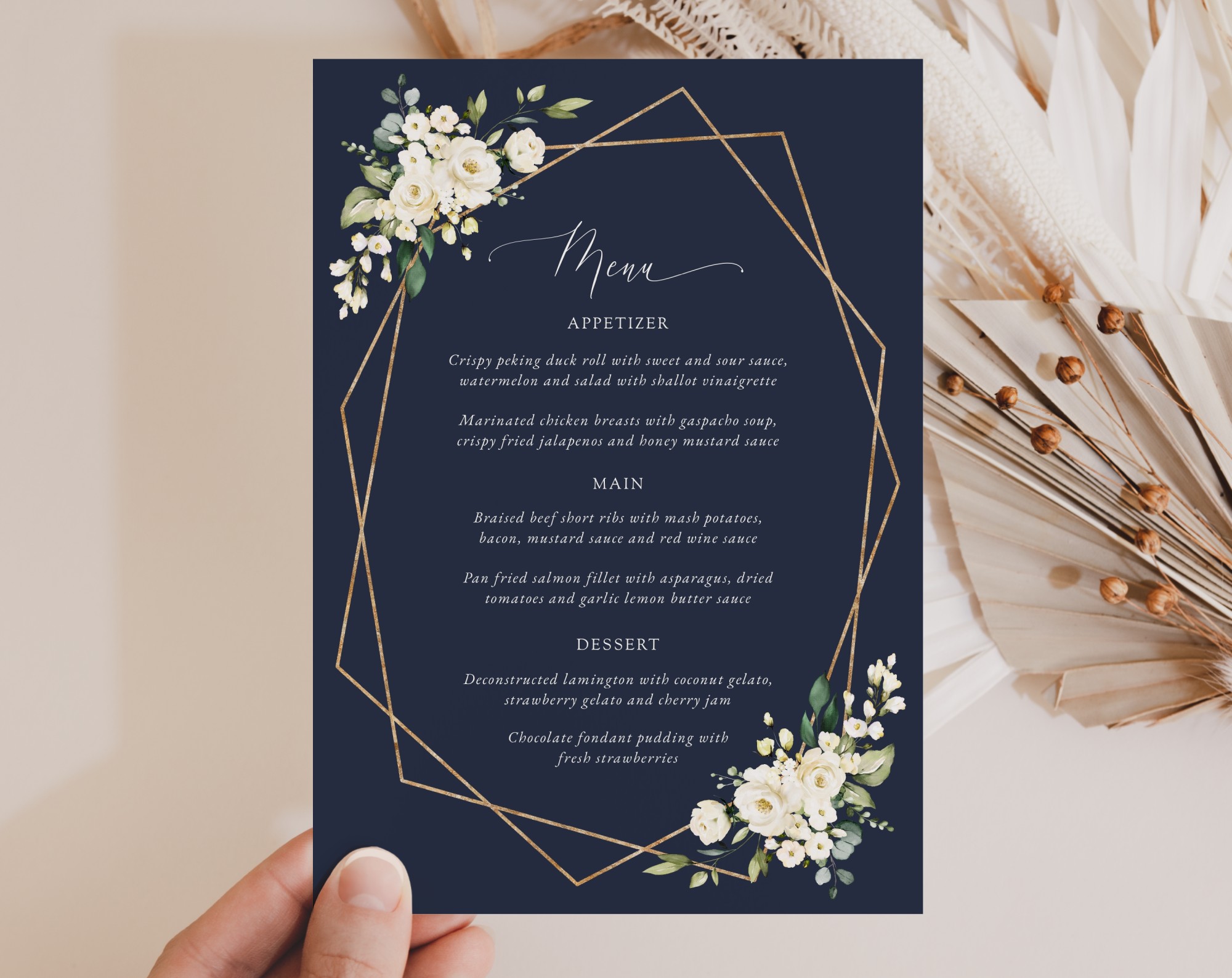 Navy and White Flowers Wedding Menu, Wedding Stationery, Printable File, Edit Yourself, SH41