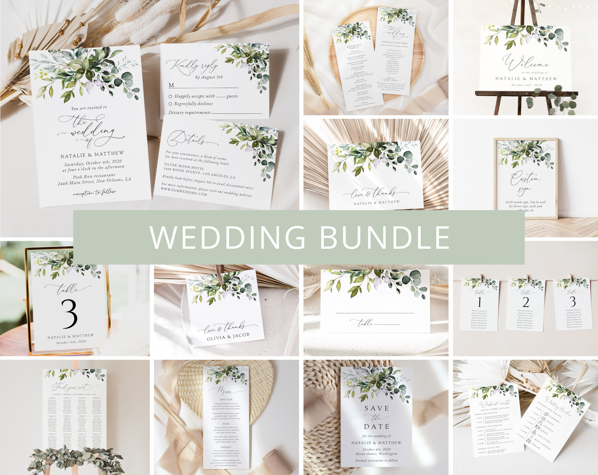 Eucalyptus Leaves Wedding Bundle, Printable File, Edit Yourself, SH45 Eucalyptus Leaves Wedding Bundle, Printable File, Edit Yourself, SH45