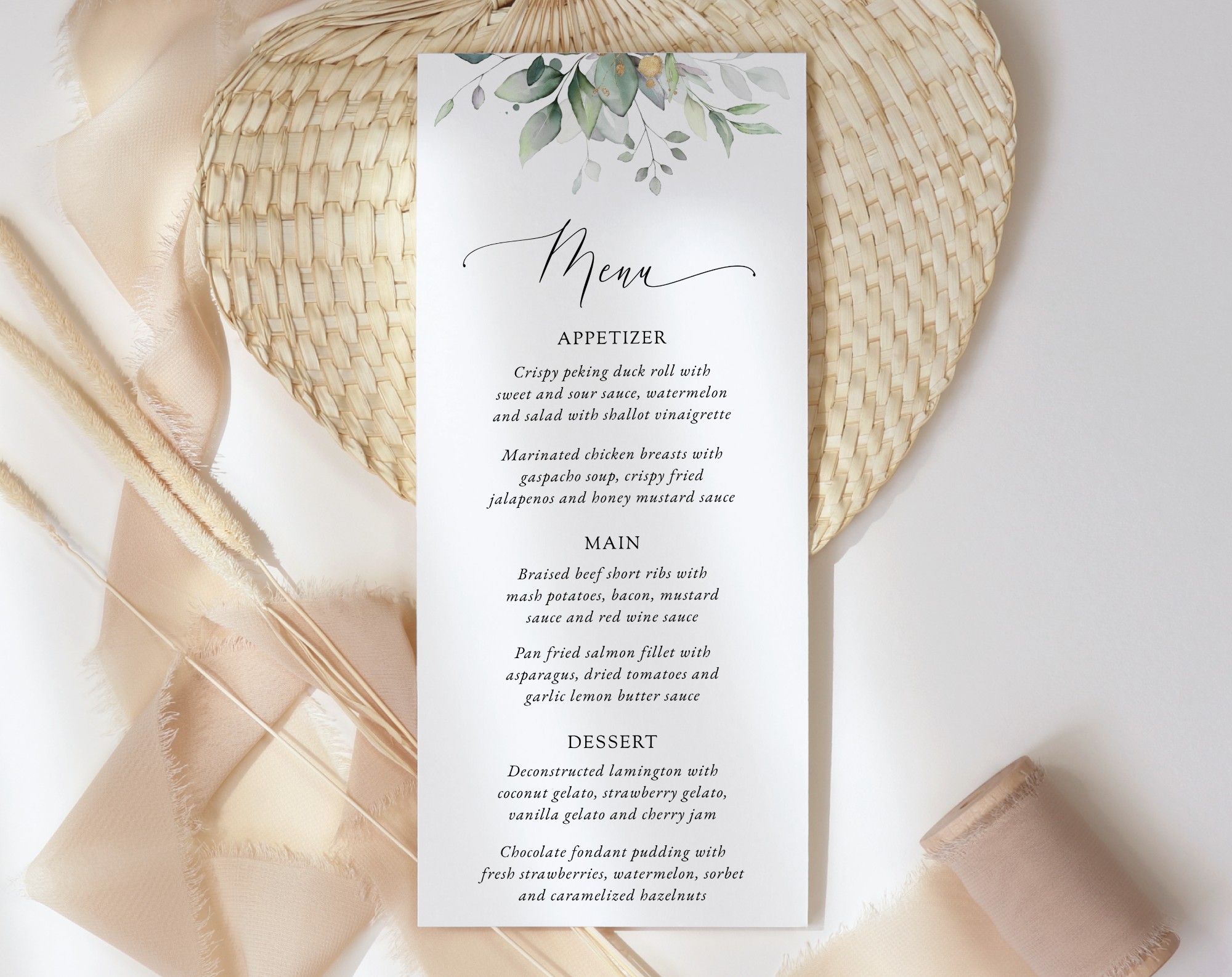 Greenery and Gold Wedding Menu, Wedding Stationery, Printable File, Edit Yourself, SH46