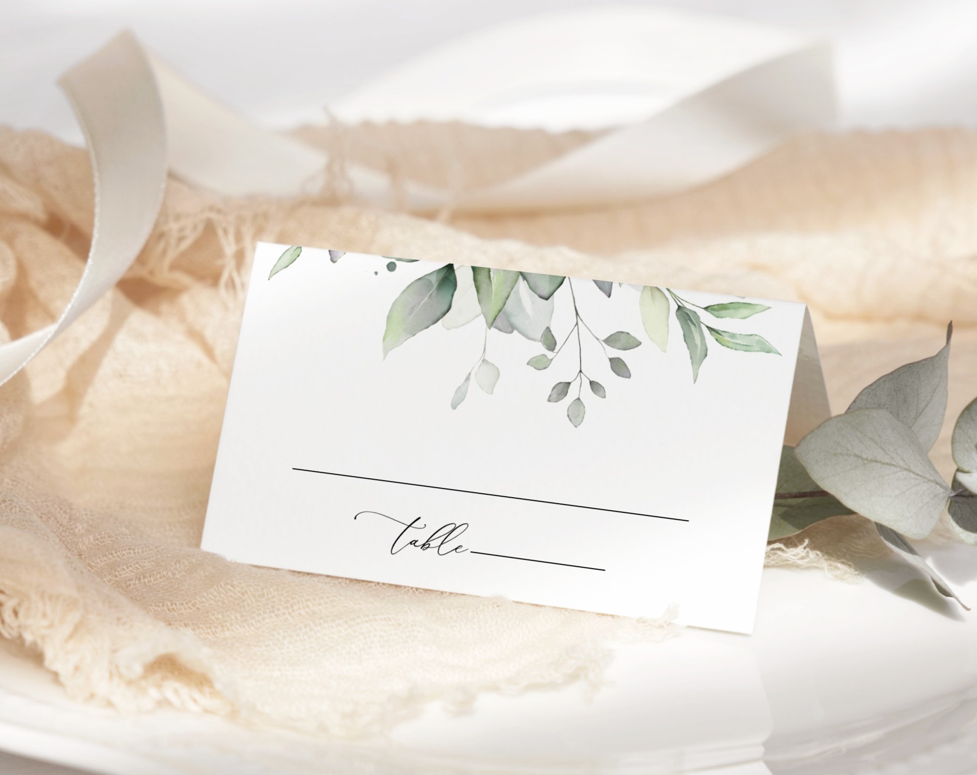 Greenery and Gold Place Card, Wedding Stationery, Printable File, Edit Yourself, SH46