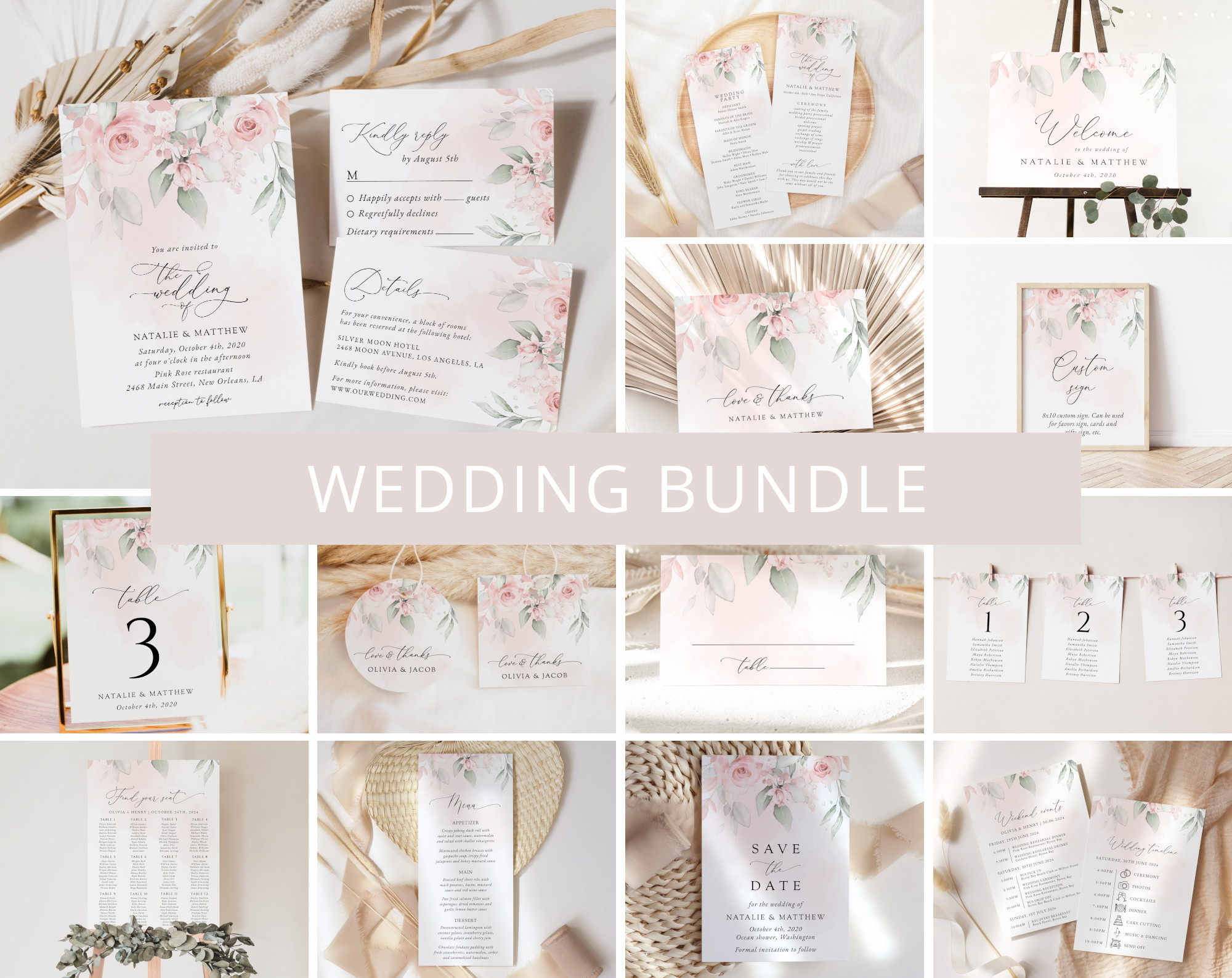 Blush Pink Flowers Wedding Bundle, Printable File, Edit Yourself, SH47 Blush Pink Flowers Wedding Bundle, Printable File, Edit Yourself, SH47