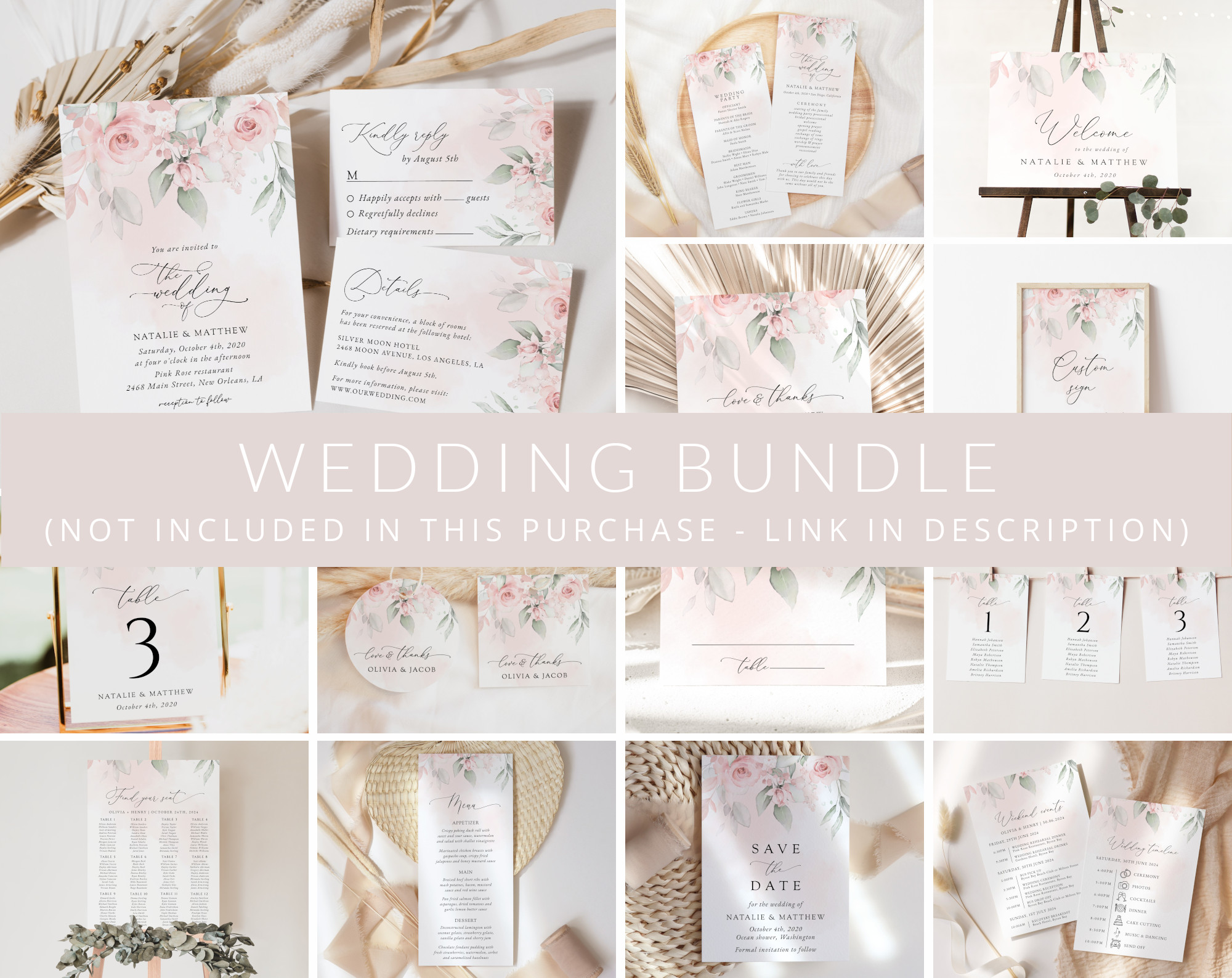 Blush Pink Flowers Wedding Bundle, Printable File, Edit Yourself, SH47 Blush Pink Flowers Wedding Bundle, Printable File, Edit Yourself, SH47