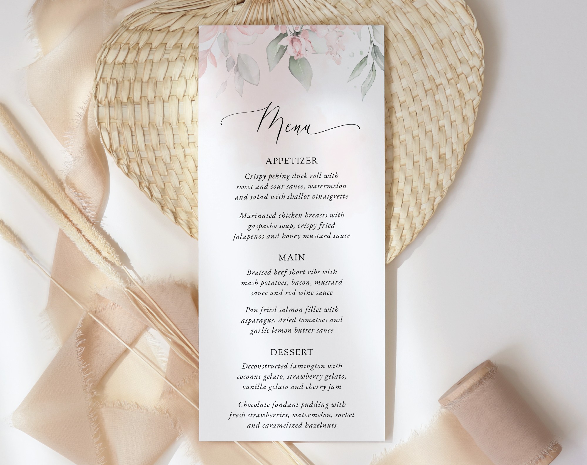 Blush Pink Flowers Wedding Menu, Wedding Stationery, Printable File, Edit Yourself, SH47