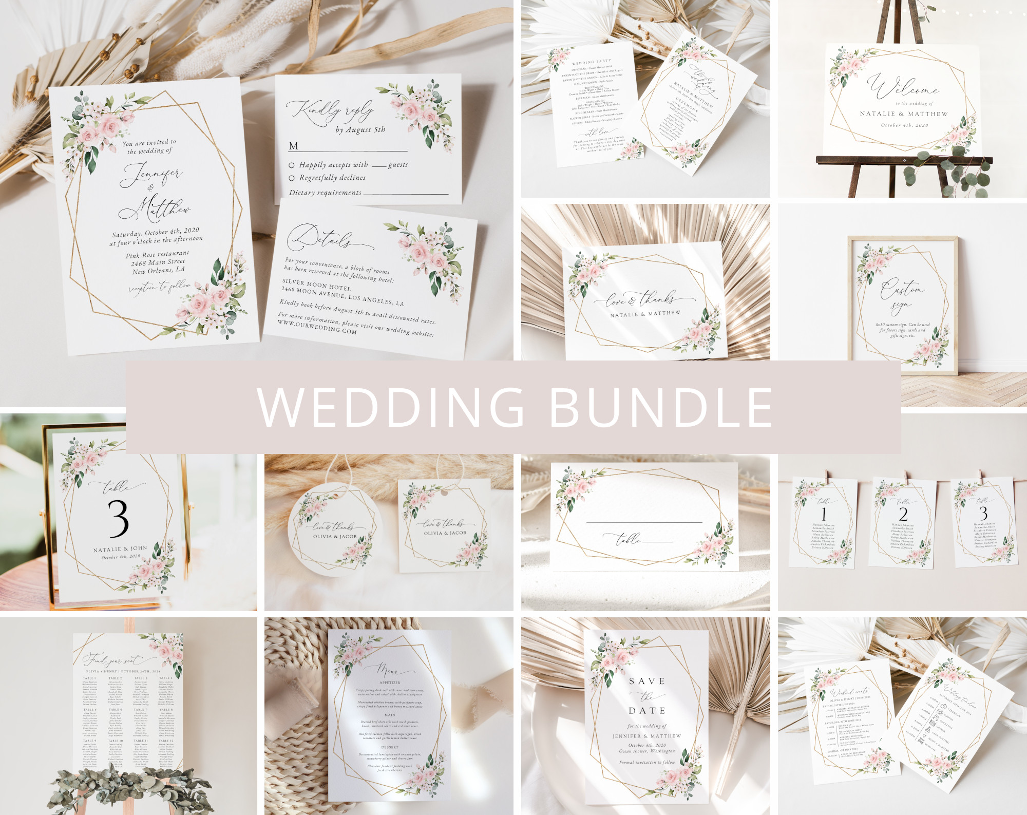 Pink Flowers Wedding Bundle, Printable File, Edit Yourself, SH48 Pink Flowers Wedding Bundle, Printable File, Edit Yourself, SH48