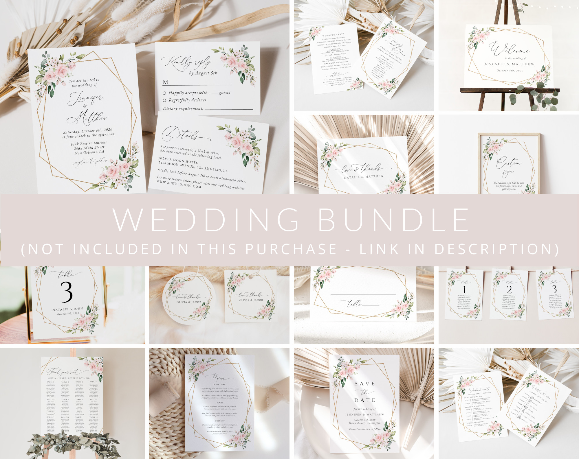 Pink Flowers Wedding Bundle, Printable File, Edit Yourself, SH48 Pink Flowers Wedding Bundle, Printable File, Edit Yourself, SH48