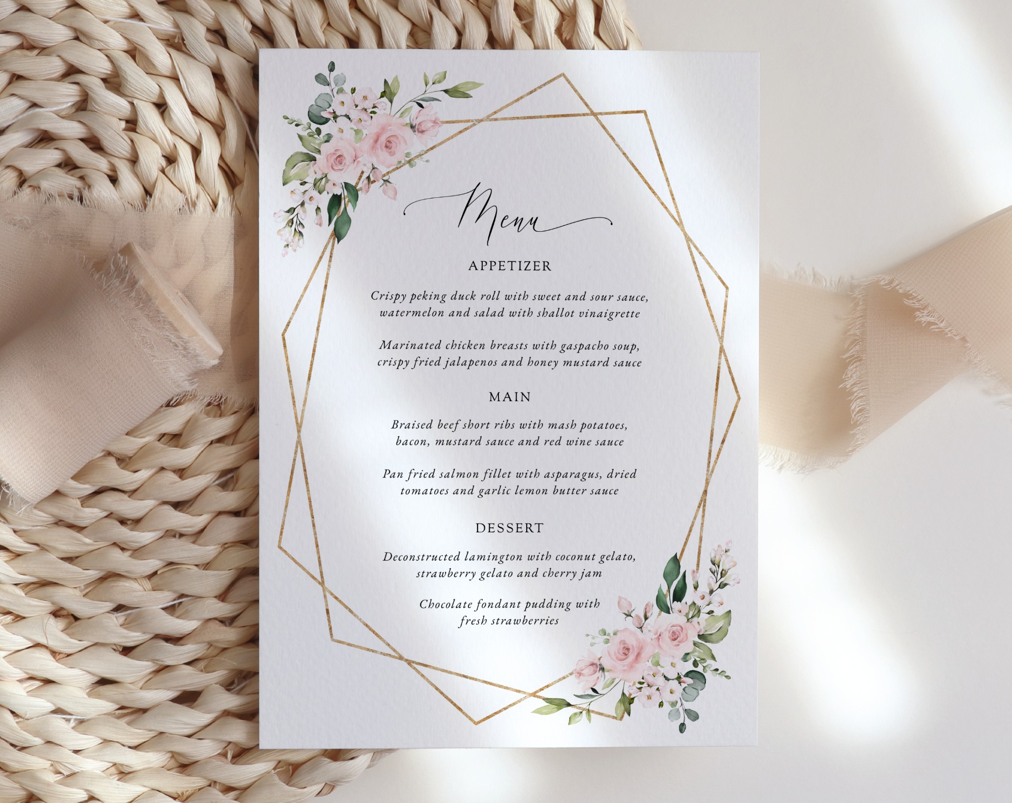 Pink Flowers Wedding Menu, Wedding Stationery, Printable File, Edit Yourself, SH48