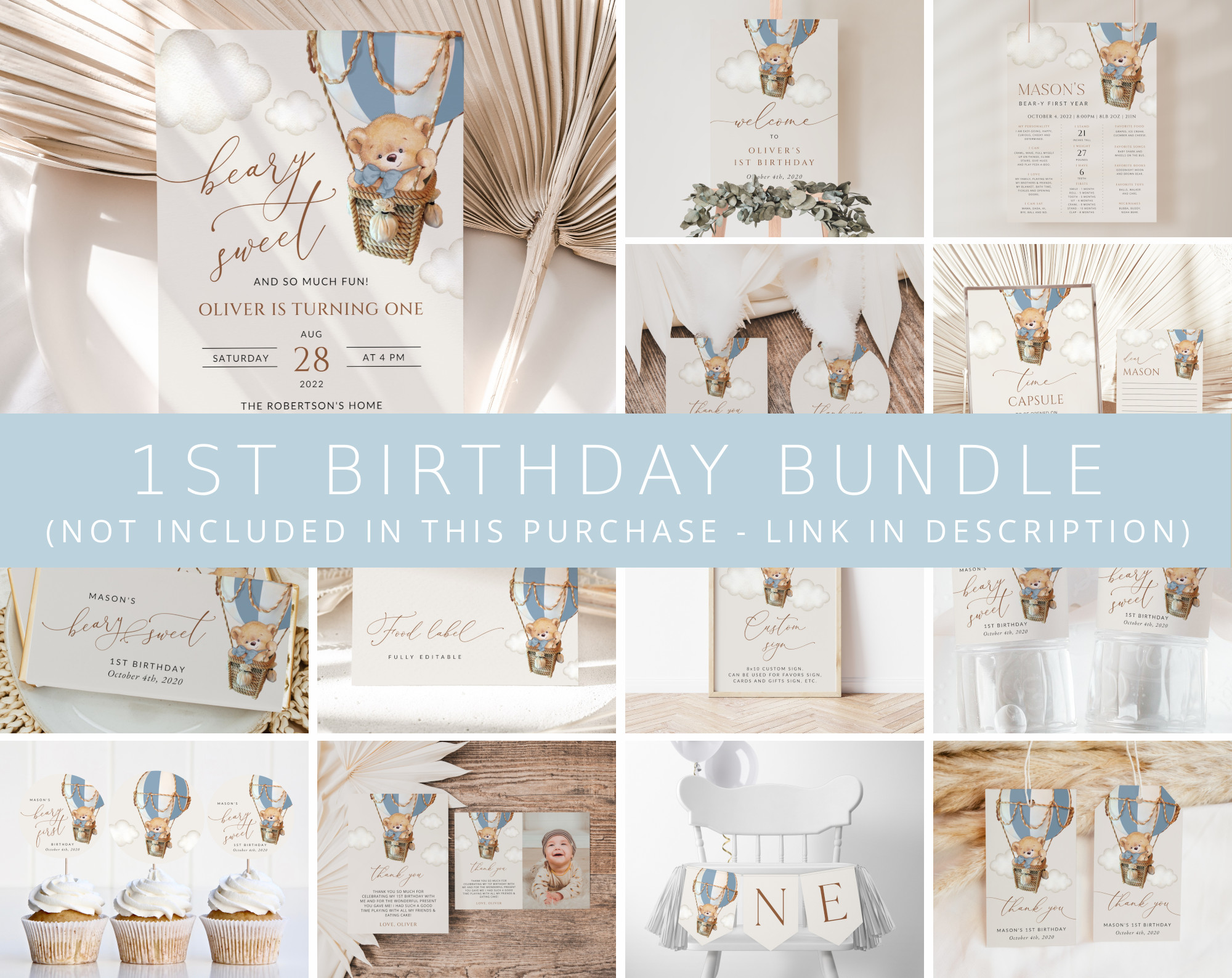 Bear in Blue Balloon First Birthday Bundle, Boy Birthday, Printable File, Edit Yourself, SH80 Bear in Blue Balloon First Birthday Bundle, Boy Birthday, Printable File, Edit Yourself, SH80