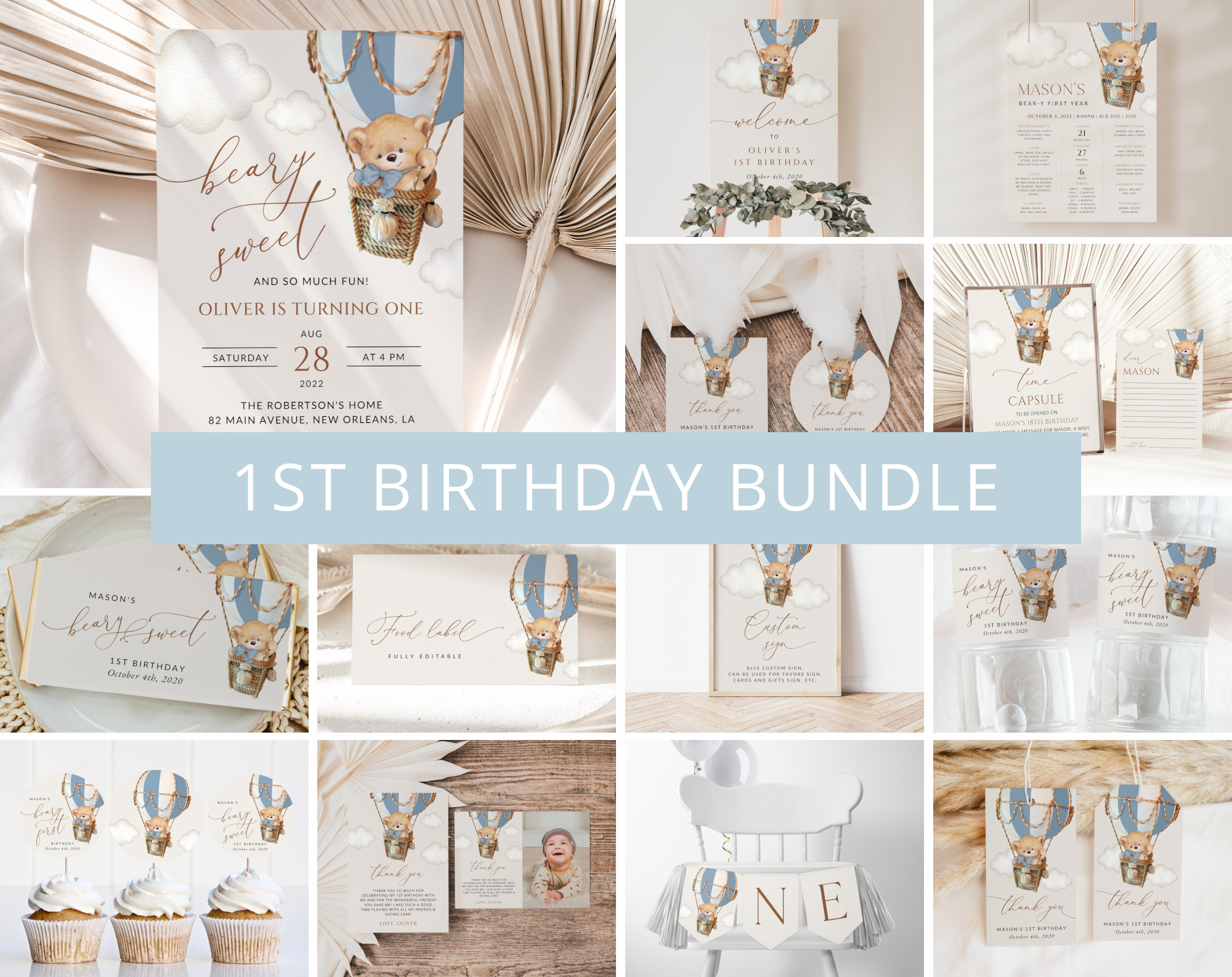 Bear in Blue Balloon First Birthday Bundle, Boy Birthday, Printable File, Edit Yourself, SH80 Bear in Blue Balloon First Birthday Bundle, Boy Birthday, Printable File, Edit Yourself, SH80