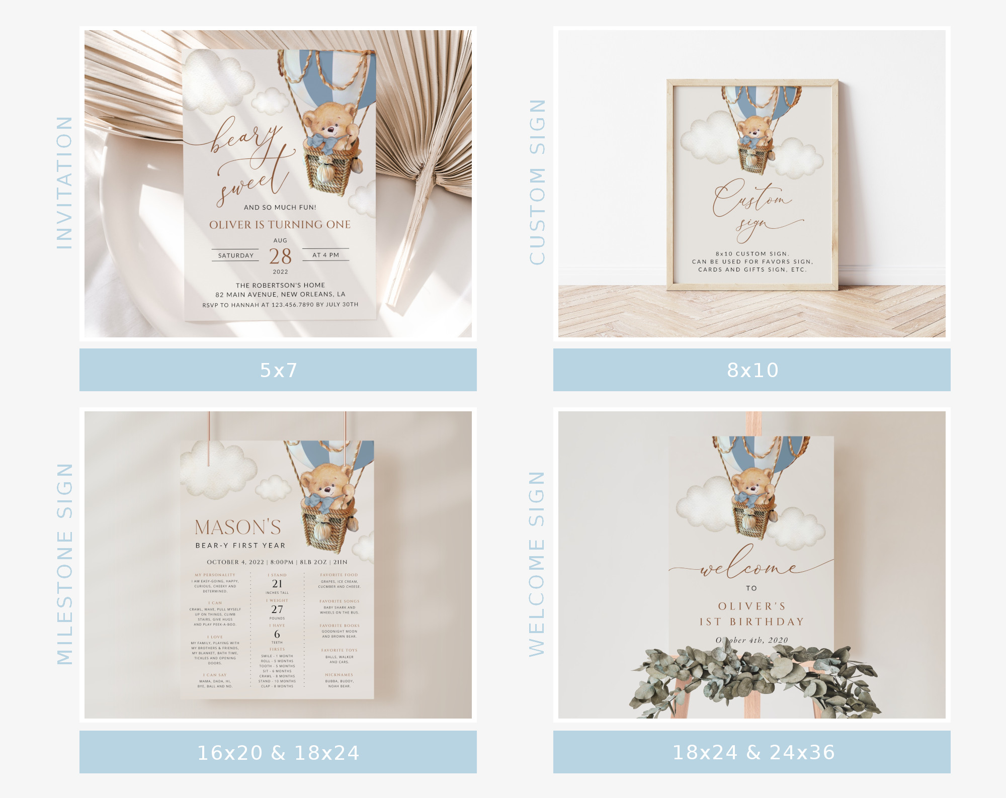 Bear in Blue Balloon First Birthday Bundle, Boy Birthday, Printable File, Edit Yourself, SH80 Bear in Blue Balloon First Birthday Bundle, Boy Birthday, Printable File, Edit Yourself, SH80