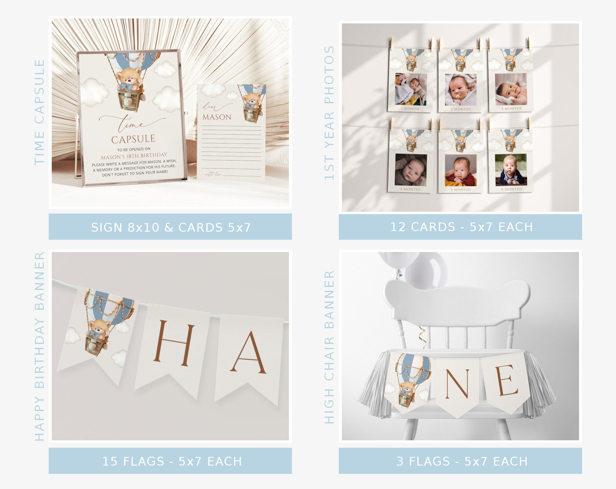 Bear in Blue Balloon First Birthday Bundle, Boy Birthday, Printable File, Edit Yourself, SH80 Bear in Blue Balloon First Birthday Bundle, Boy Birthday, Printable File, Edit Yourself, SH80