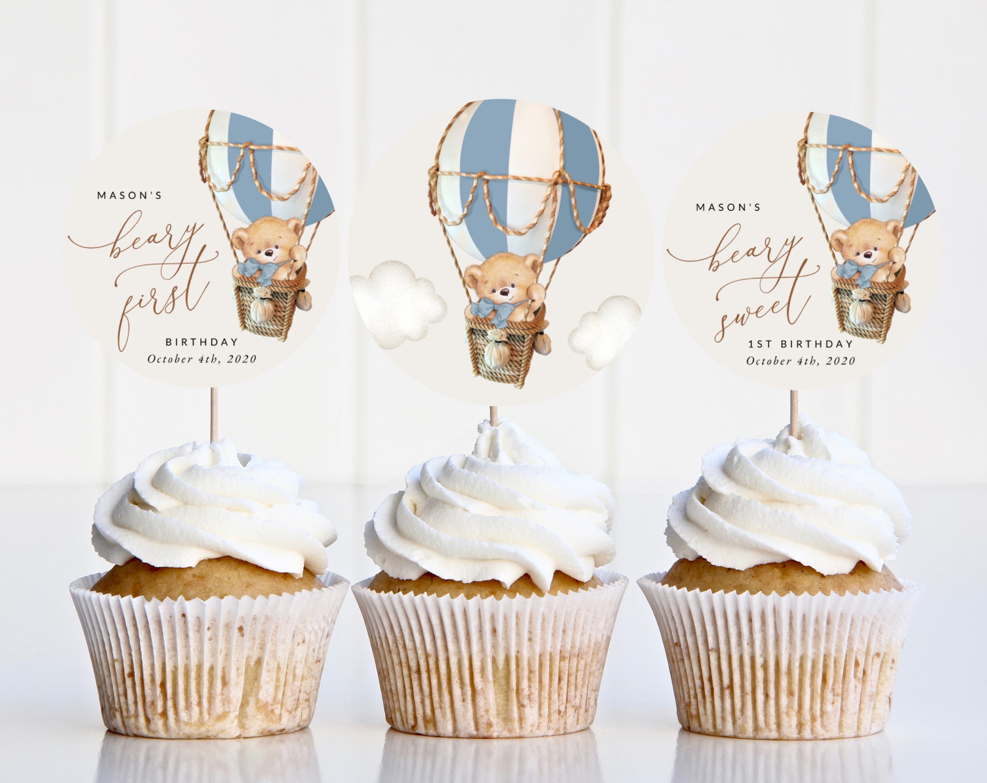 Bear in Blue Balloon Cupcake Toppers, First Birthday, Boy Birthday, Printable File, Edit Yourself, SH80 Bear in Blue Balloon Cupcake Toppers, First Birthday, Boy Birthday, Printable File, Edit Yourself, SH80