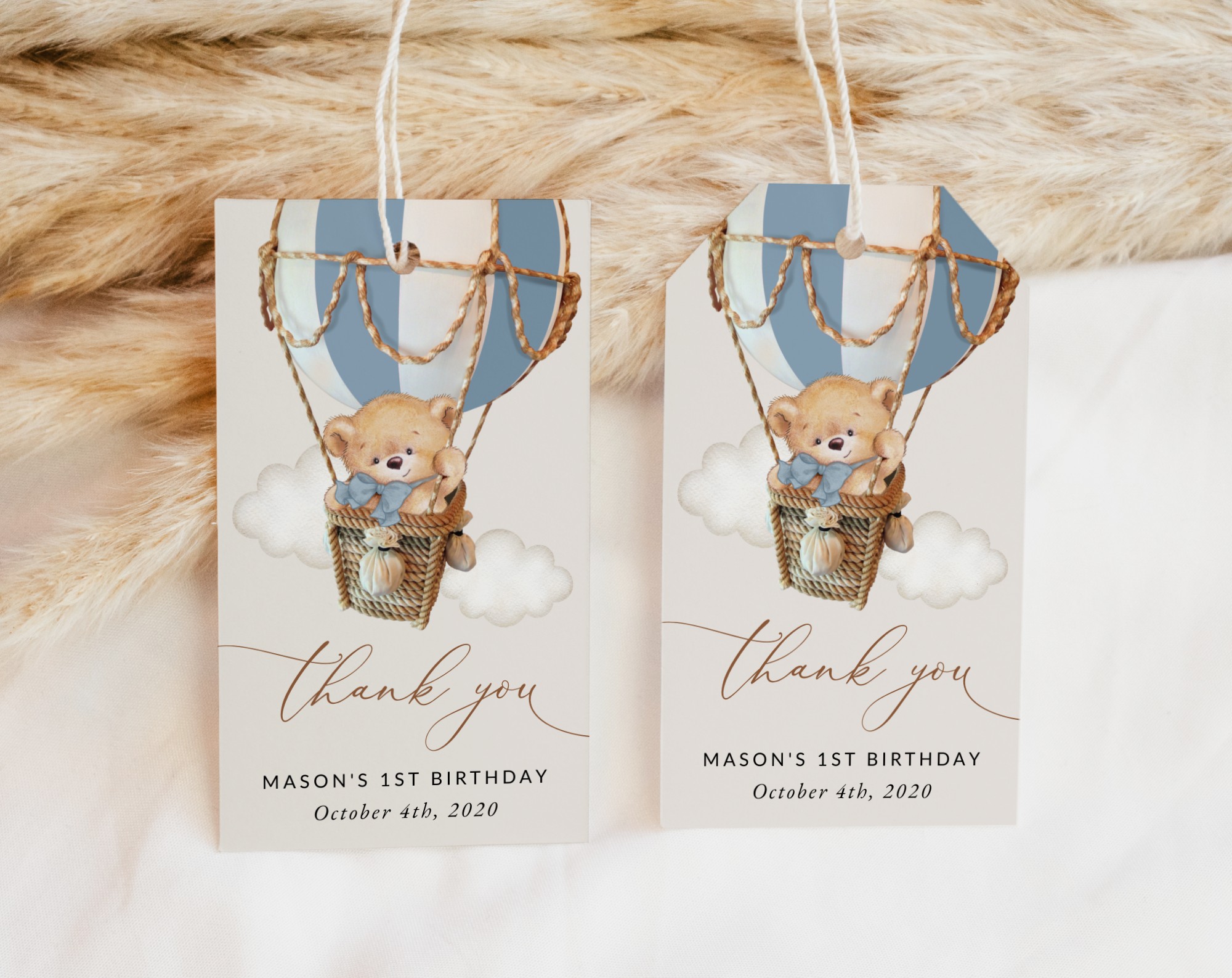 Bear in Blue Balloon Favor Tags, Gift Tags, First Birthday, Boy Birthday, Printable File, Edit Yourself, SH80