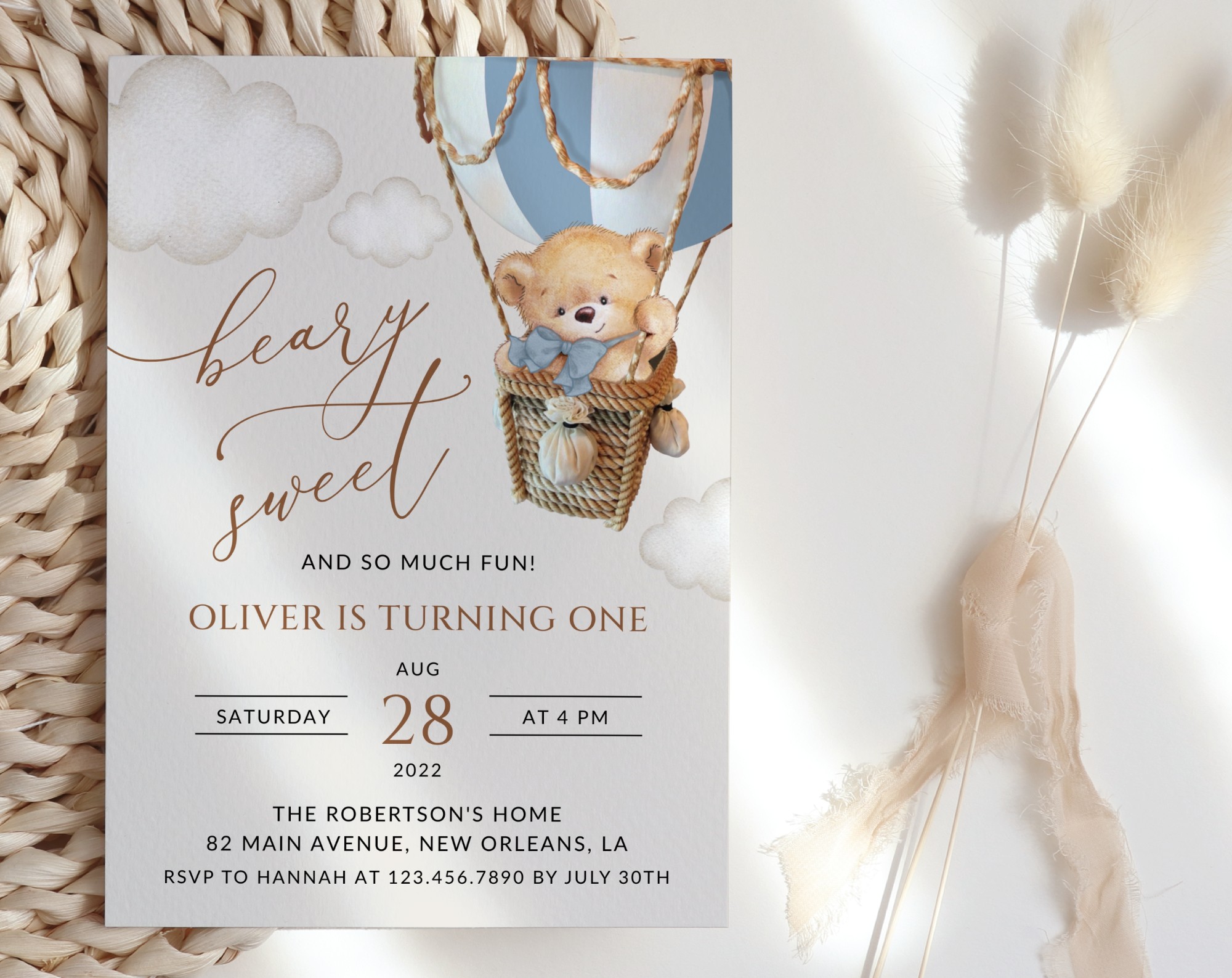 Bear in Blue Balloon First Birthday Invitation, Birthday Stationery, Boy Birthday, Printable File, Edit Yourself, SH80