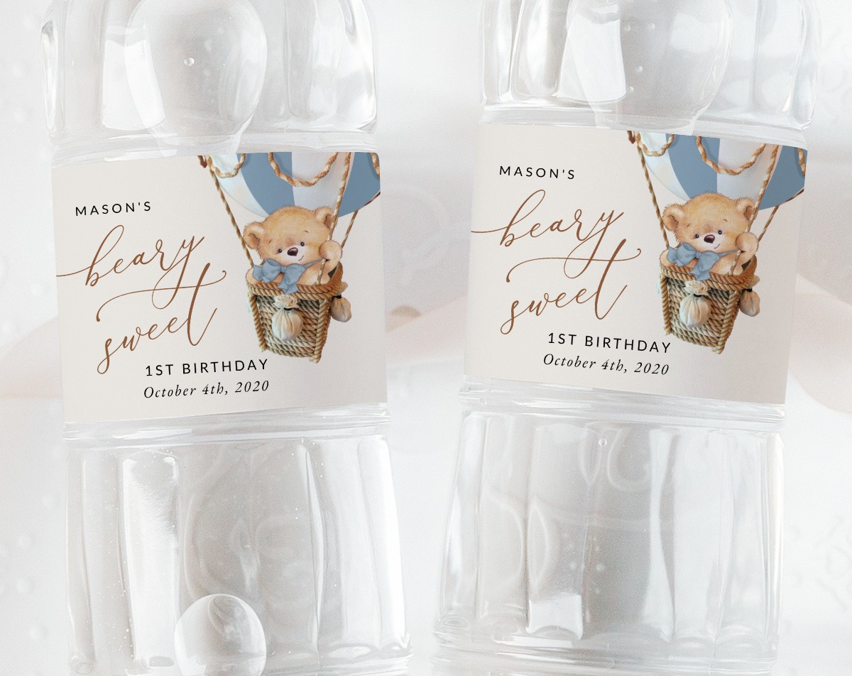 Bear in Blue Balloon Water Bottle Labels, First Birthday, Boy Birthday, Printable File, Edit Yourself, SH80 Bear in Blue Balloon Water Bottle Labels, First Birthday, Boy Birthday, Printable File, Edit Yourself, SH80