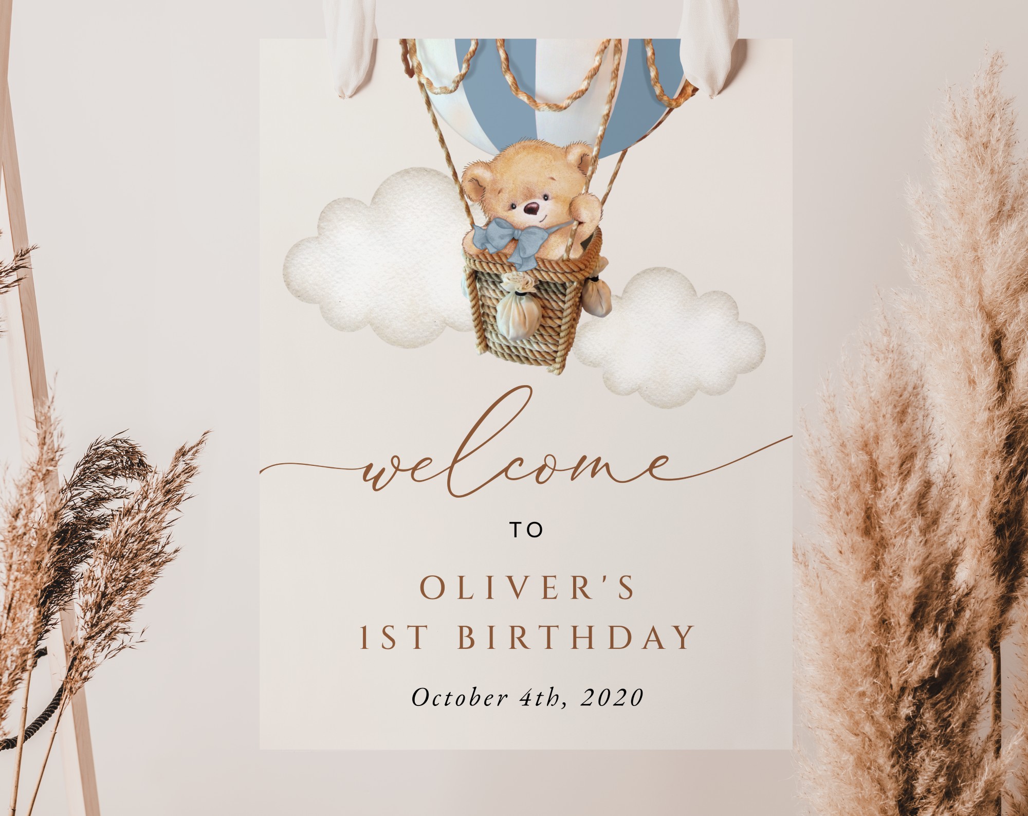 Bear in Blue Balloon Welcome Sign, Birthday Sign, First Birthday, Boy Birthday, Printable File, Edit Yourself, SH80