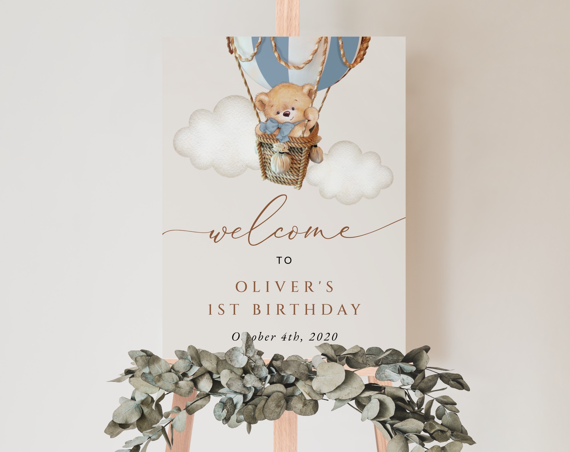 Bear in Blue Balloon Welcome Sign, Birthday Sign, First Birthday, Boy Birthday, Printable File, Edit Yourself, SH80