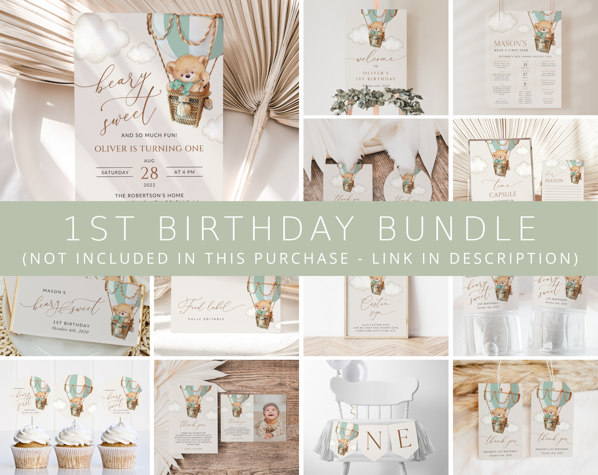 Bear in Green Balloon First Birthday Bundle, Boy Birthday, Printable File, Edit Yourself, SH81 Bear in Green Balloon First Birthday Bundle, Boy Birthday, Printable File, Edit Yourself, SH81