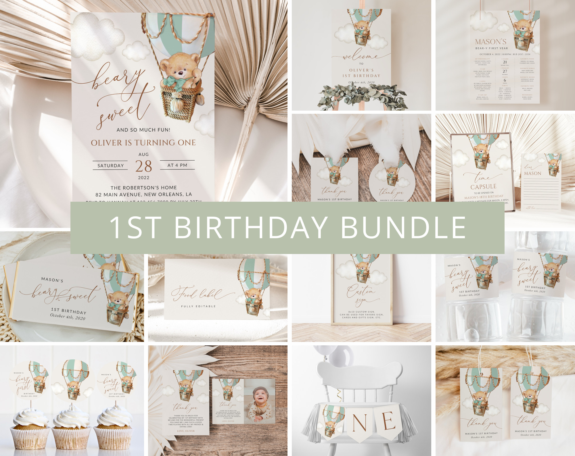 Bear in Green Balloon First Birthday Bundle, Boy Birthday, Printable File, Edit Yourself, SH81 Bear in Green Balloon First Birthday Bundle, Boy Birthday, Printable File, Edit Yourself, SH81