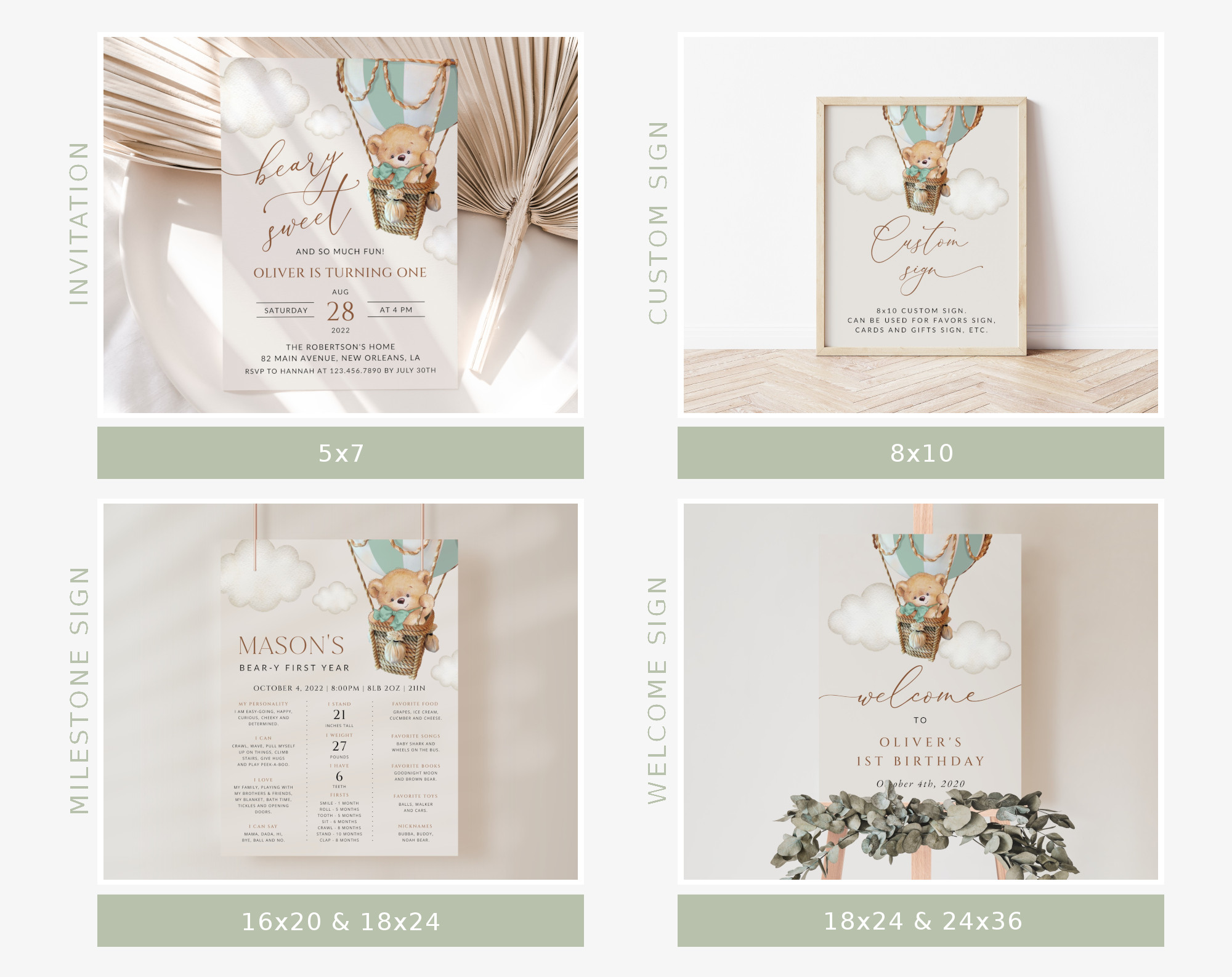 Bear in Green Balloon First Birthday Bundle, Boy Birthday, Printable File, Edit Yourself, SH81 Bear in Green Balloon First Birthday Bundle, Boy Birthday, Printable File, Edit Yourself, SH81