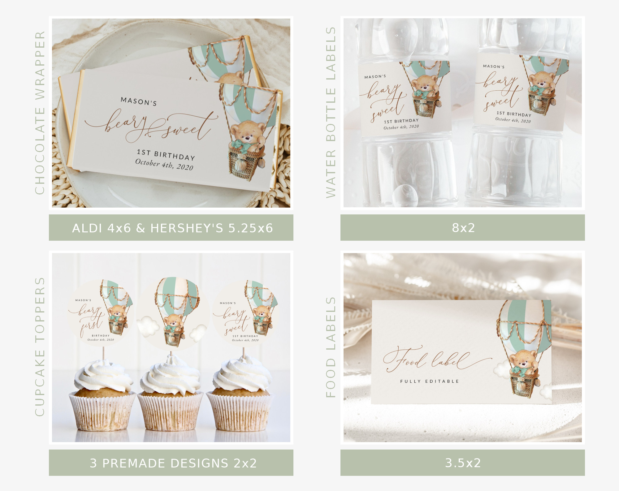 Bear in Green Balloon First Birthday Bundle, Boy Birthday, Printable File, Edit Yourself, SH81 Bear in Green Balloon First Birthday Bundle, Boy Birthday, Printable File, Edit Yourself, SH81