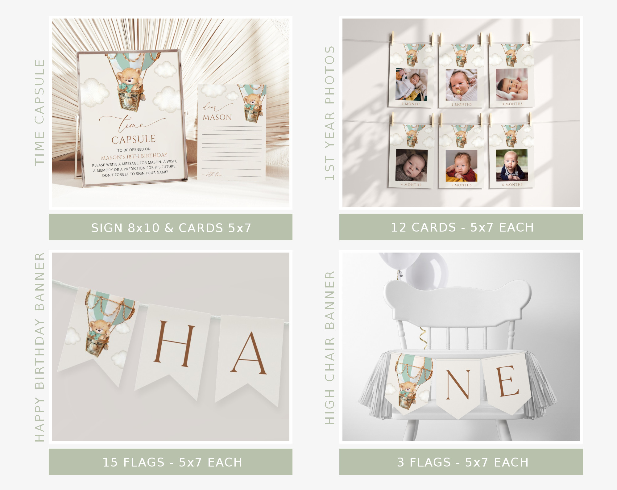 Bear in Green Balloon First Birthday Bundle, Boy Birthday, Printable File, Edit Yourself, SH81 Bear in Green Balloon First Birthday Bundle, Boy Birthday, Printable File, Edit Yourself, SH81