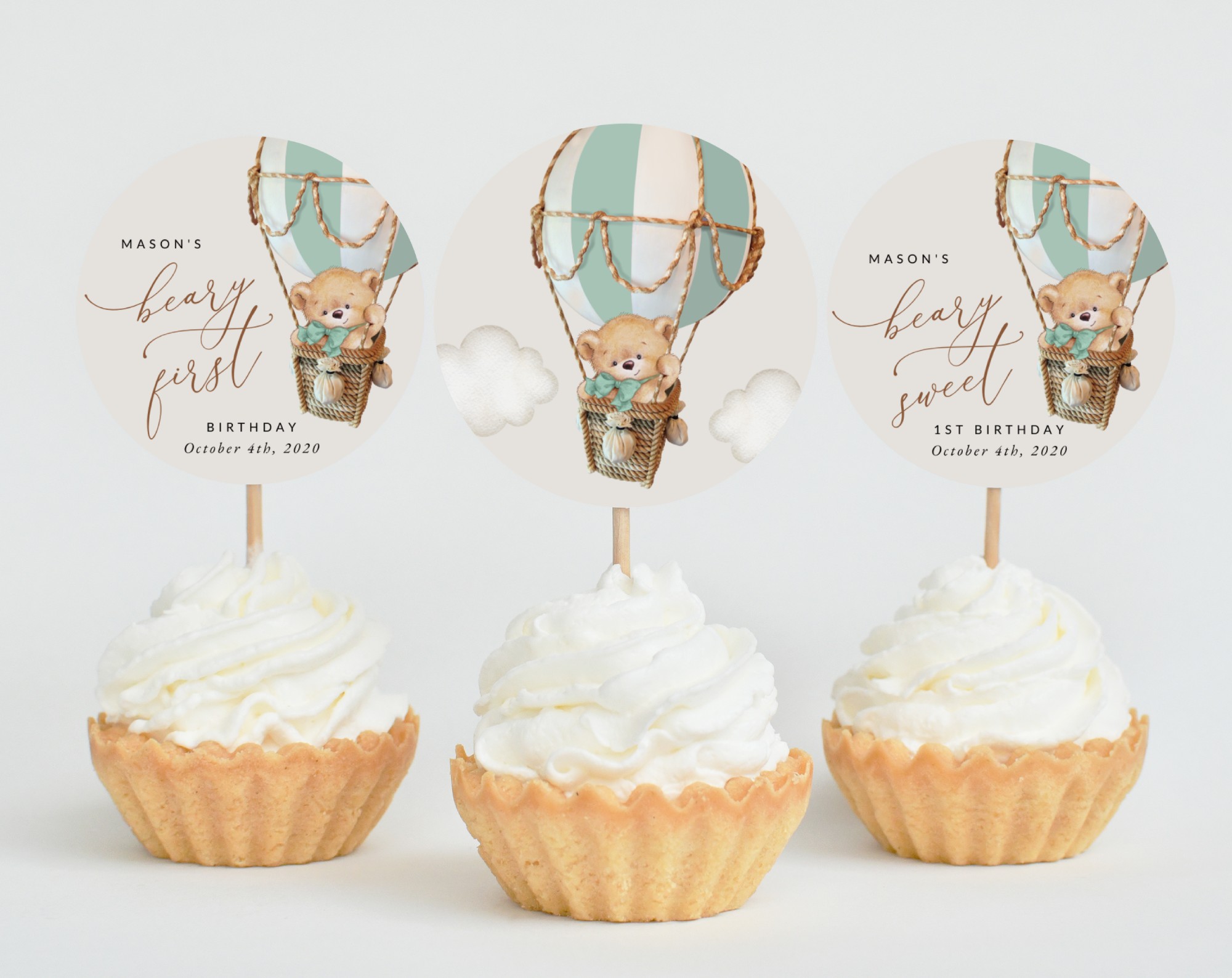 Bear in Green Balloon Cupcake Toppers, First Birthday, Boy Birthday, Printable File, Edit Yourself, SH81 Bear in Green Balloon Cupcake Toppers, First Birthday, Boy Birthday, Printable File, Edit Yourself, SH81