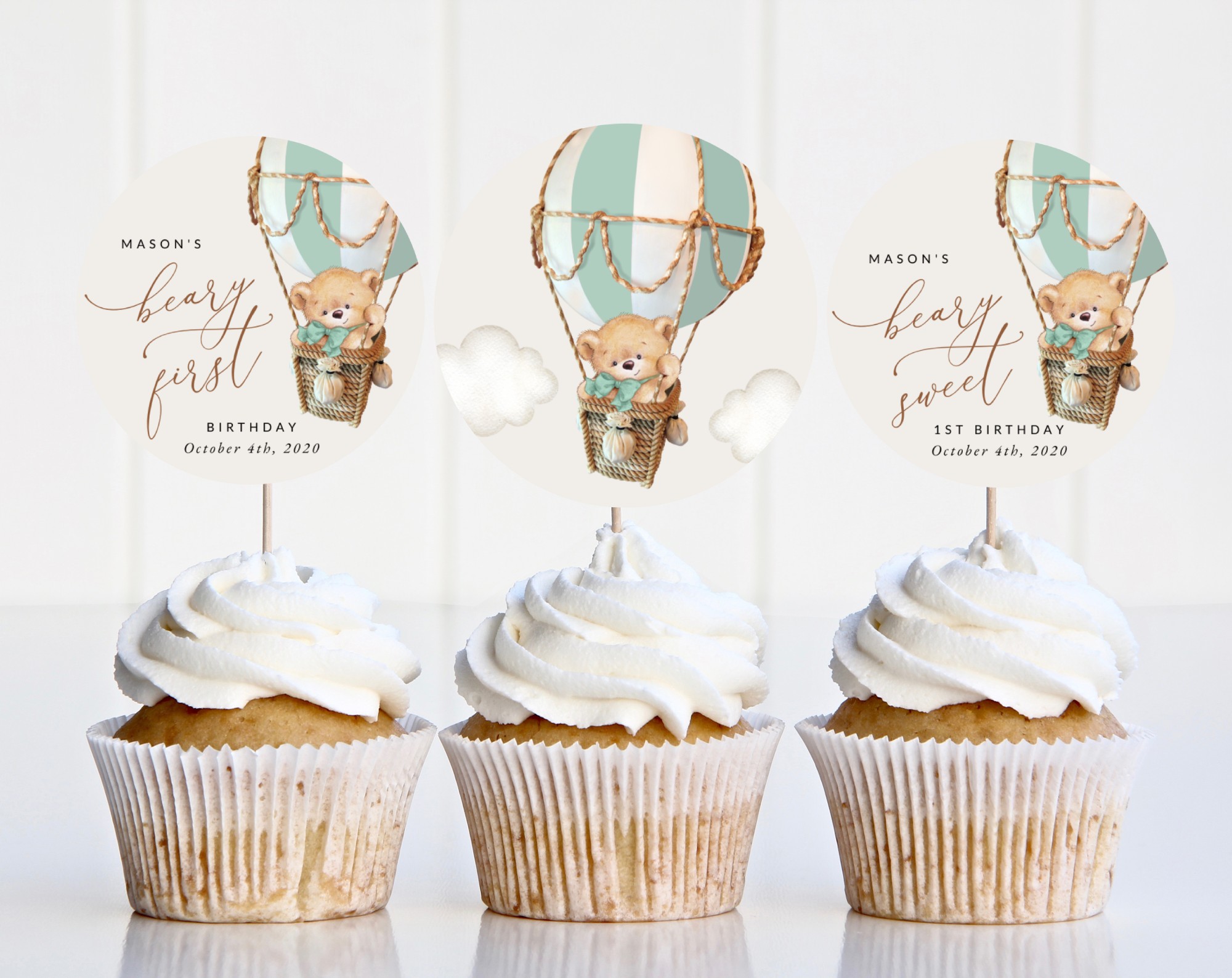 Bear in Green Balloon Cupcake Toppers, First Birthday, Boy Birthday, Printable File, Edit Yourself, SH81