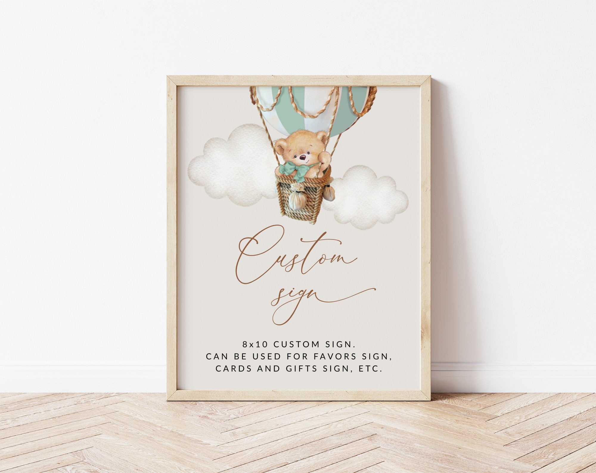 Bear in Green Balloon Custom Sign, Birthday Sign, First Birthday, Boy Birthday, Printable File, Edit Yourself, SH81