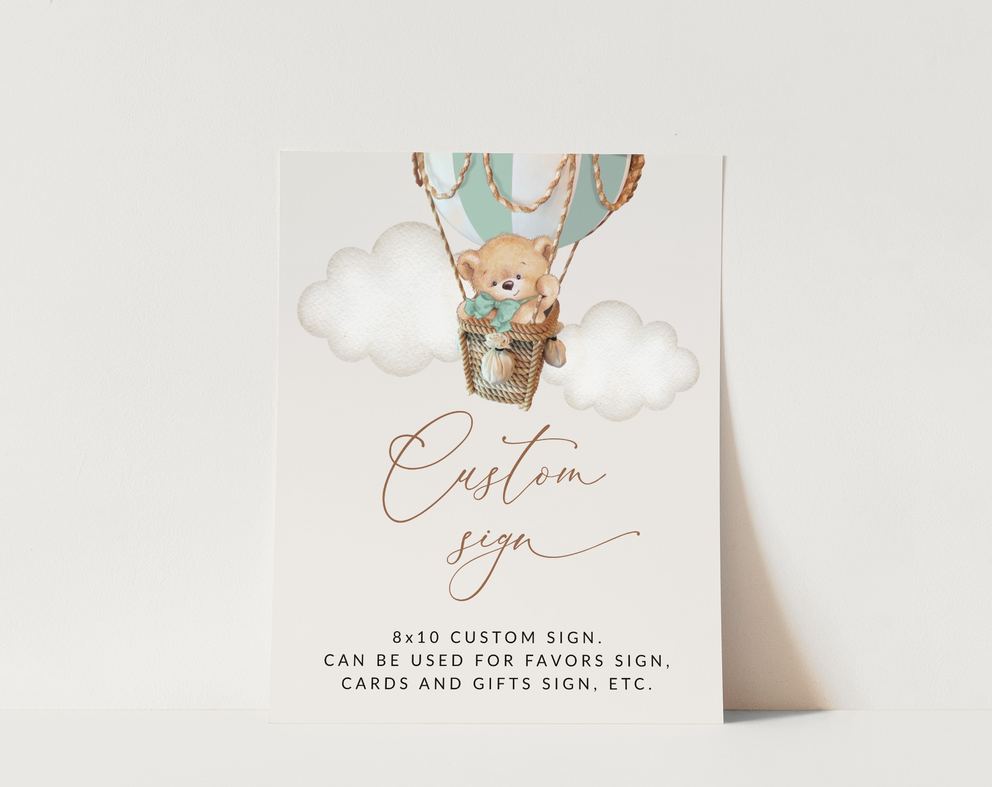 Bear in Green Balloon Custom Sign, Birthday Sign, First Birthday, Boy Birthday, Printable File, Edit Yourself, SH81