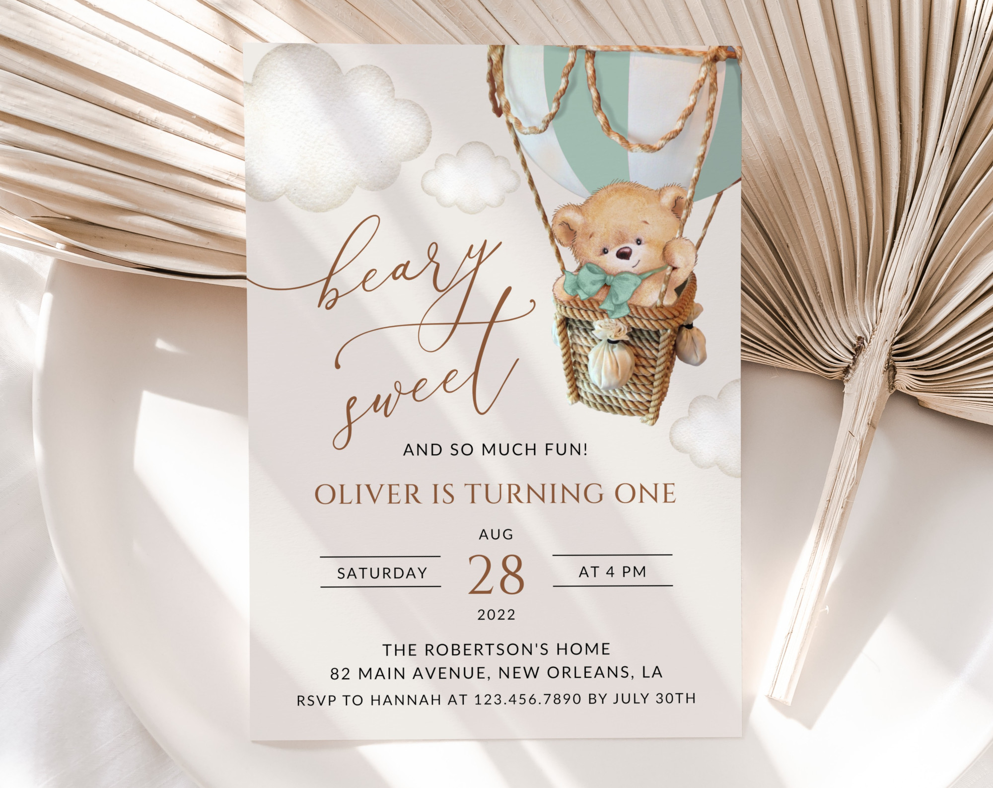 Bear in Green Balloon First Birthday Invitation, Birthday Stationery, Boy Birthday, Printable File, Edit Yourself, SH81