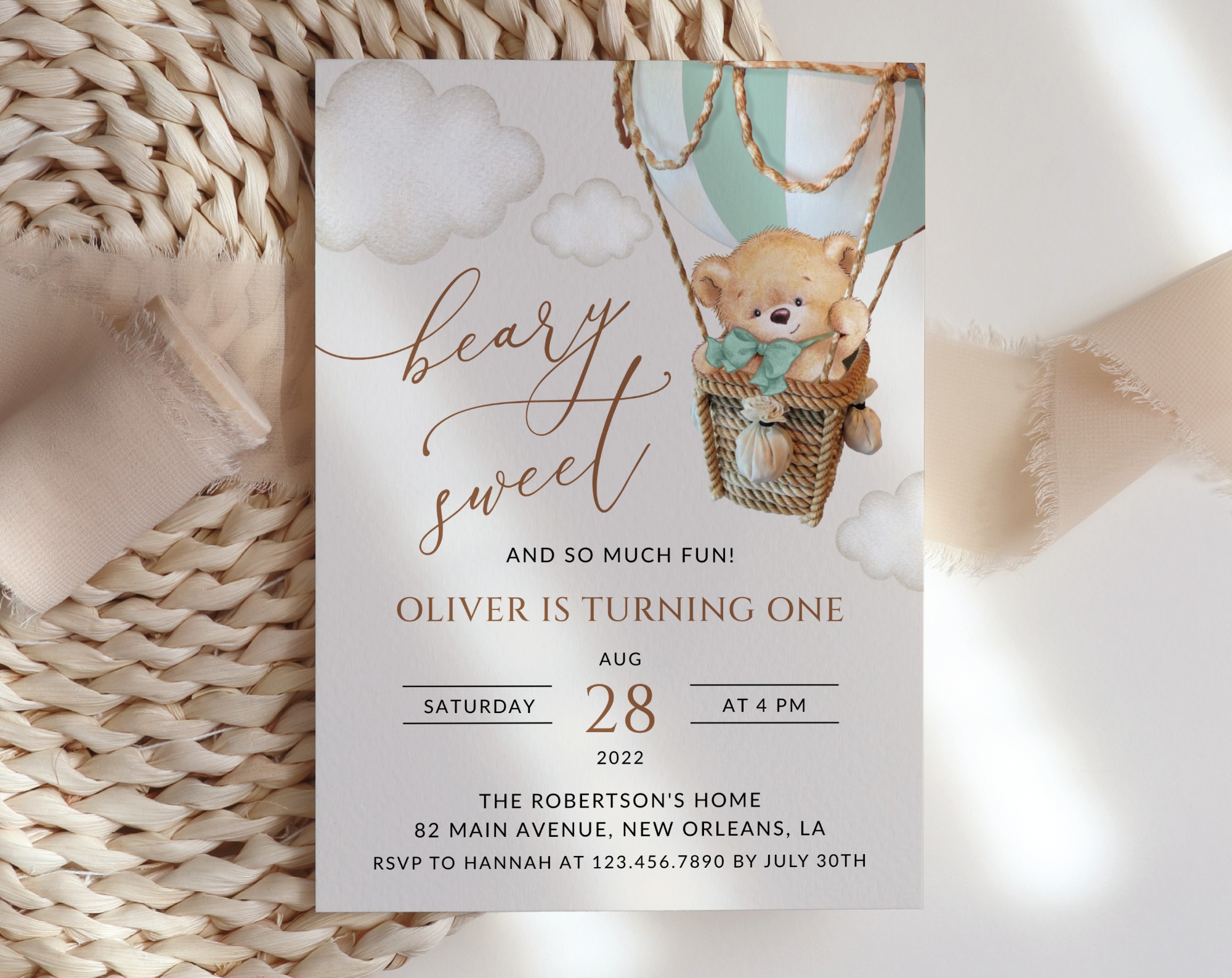 Bear in Green Balloon First Birthday Invitation, Birthday Stationery, Boy Birthday, Printable File, Edit Yourself, SH81