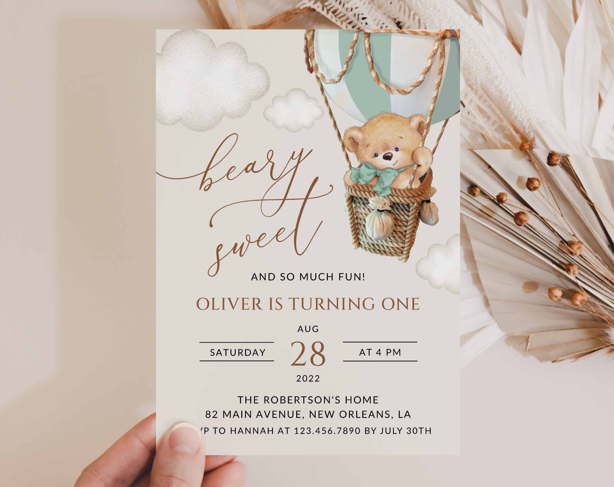 Bear in Green Balloon First Birthday Invitation, Birthday Stationery, Boy Birthday, Printable File, Edit Yourself, SH81