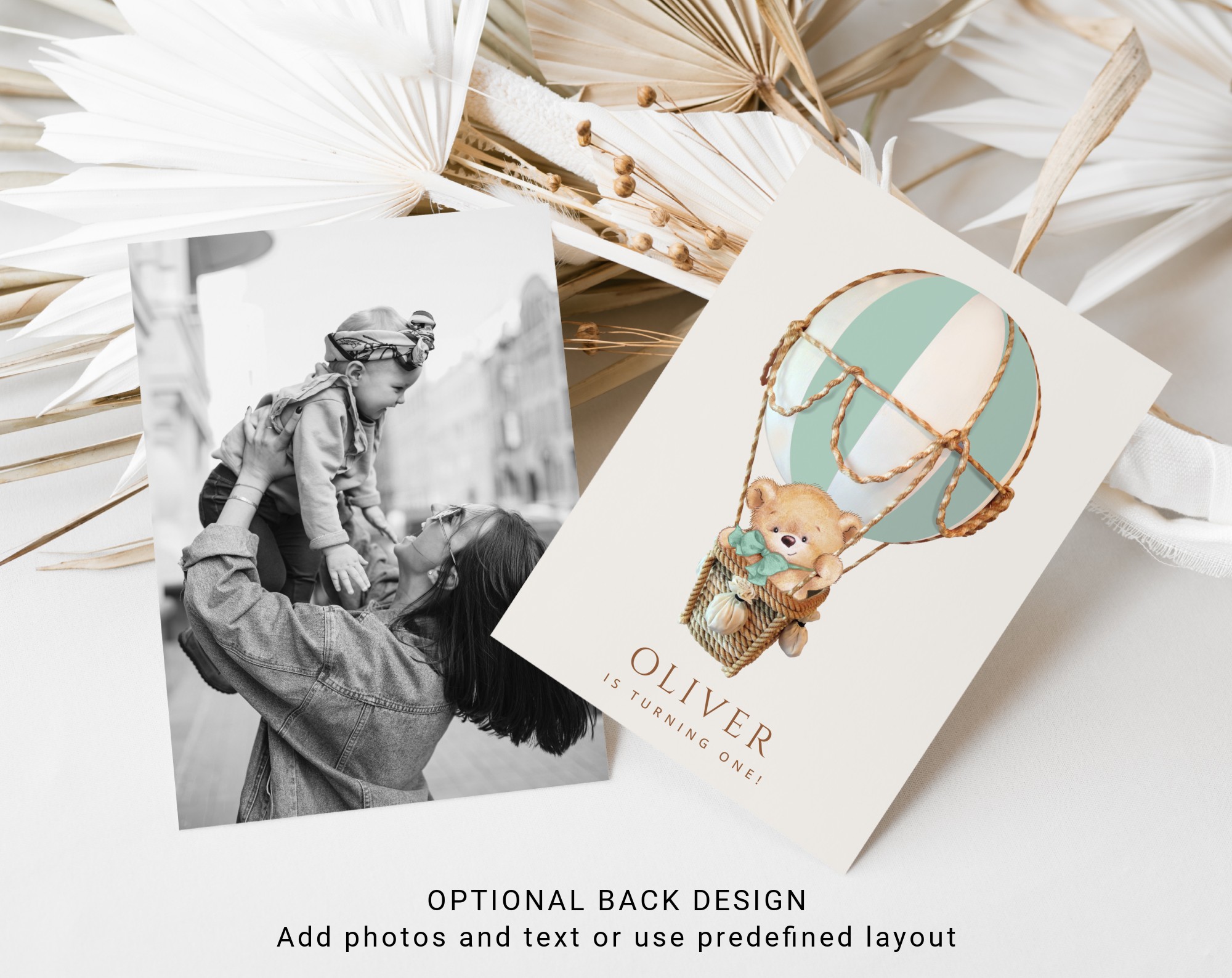 Bear in Green Balloon First Birthday Invitation, Birthday Stationery, Boy Birthday, Printable File, Edit Yourself, SH81