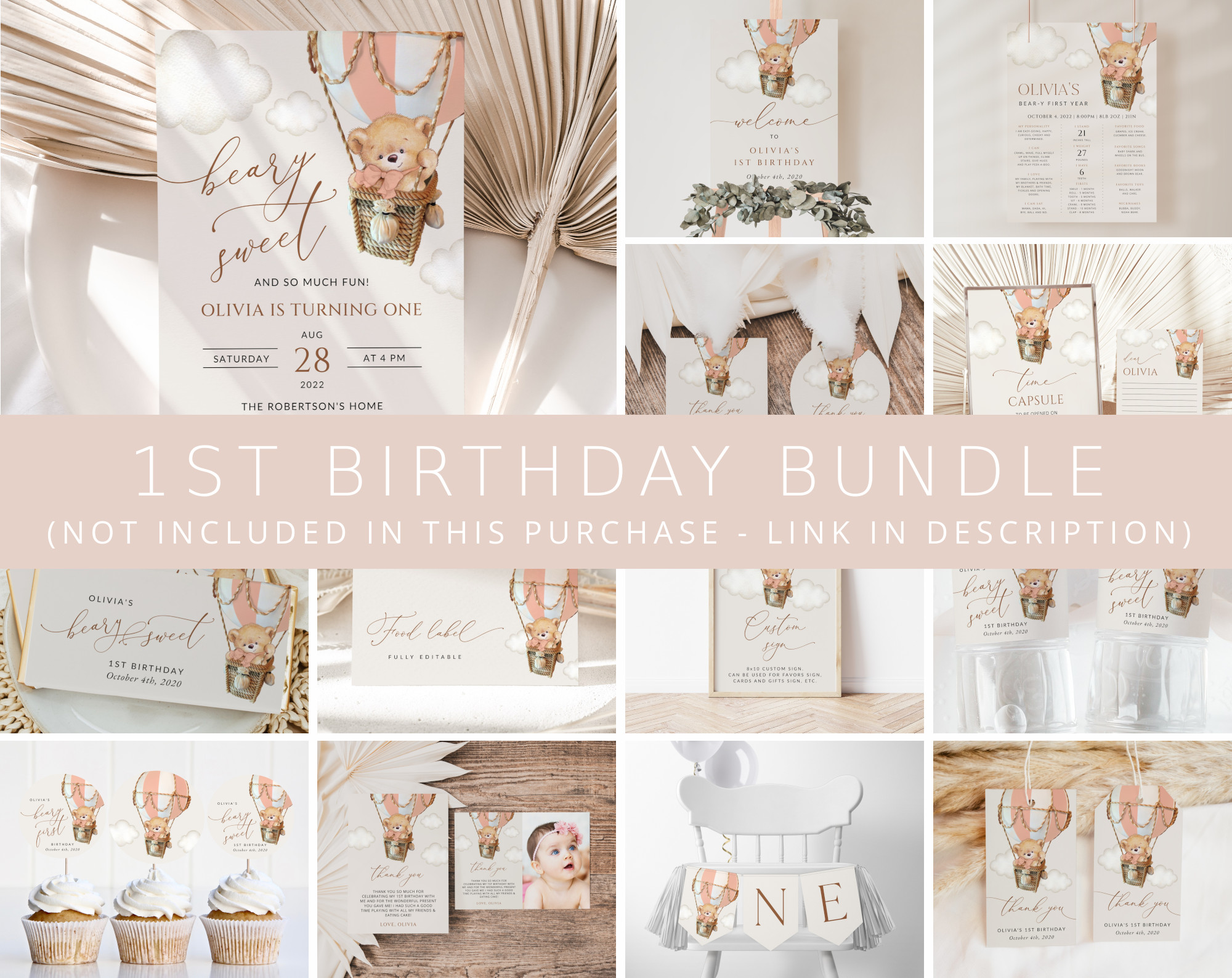 Bear in Pink Balloon First Birthday Bundle, Girl Birthday, Printable File, Edit Yourself, SH82 Bear in Pink Balloon First Birthday Bundle, Girl Birthday, Printable File, Edit Yourself, SH82