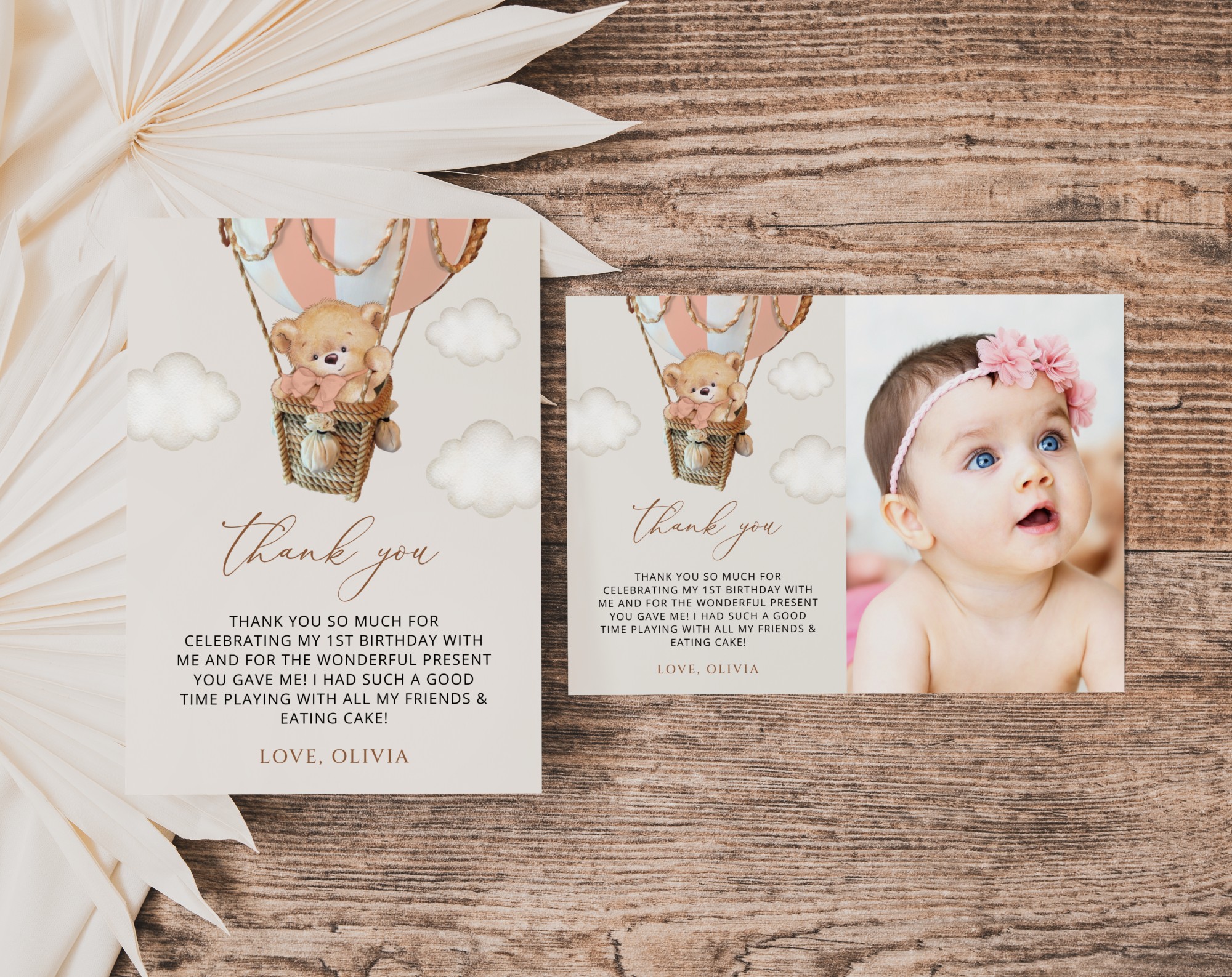 Bear in Pink Balloon Thank You Card, First Birthday, Girl Birthday, Printable File, Edit Yourself, SH82