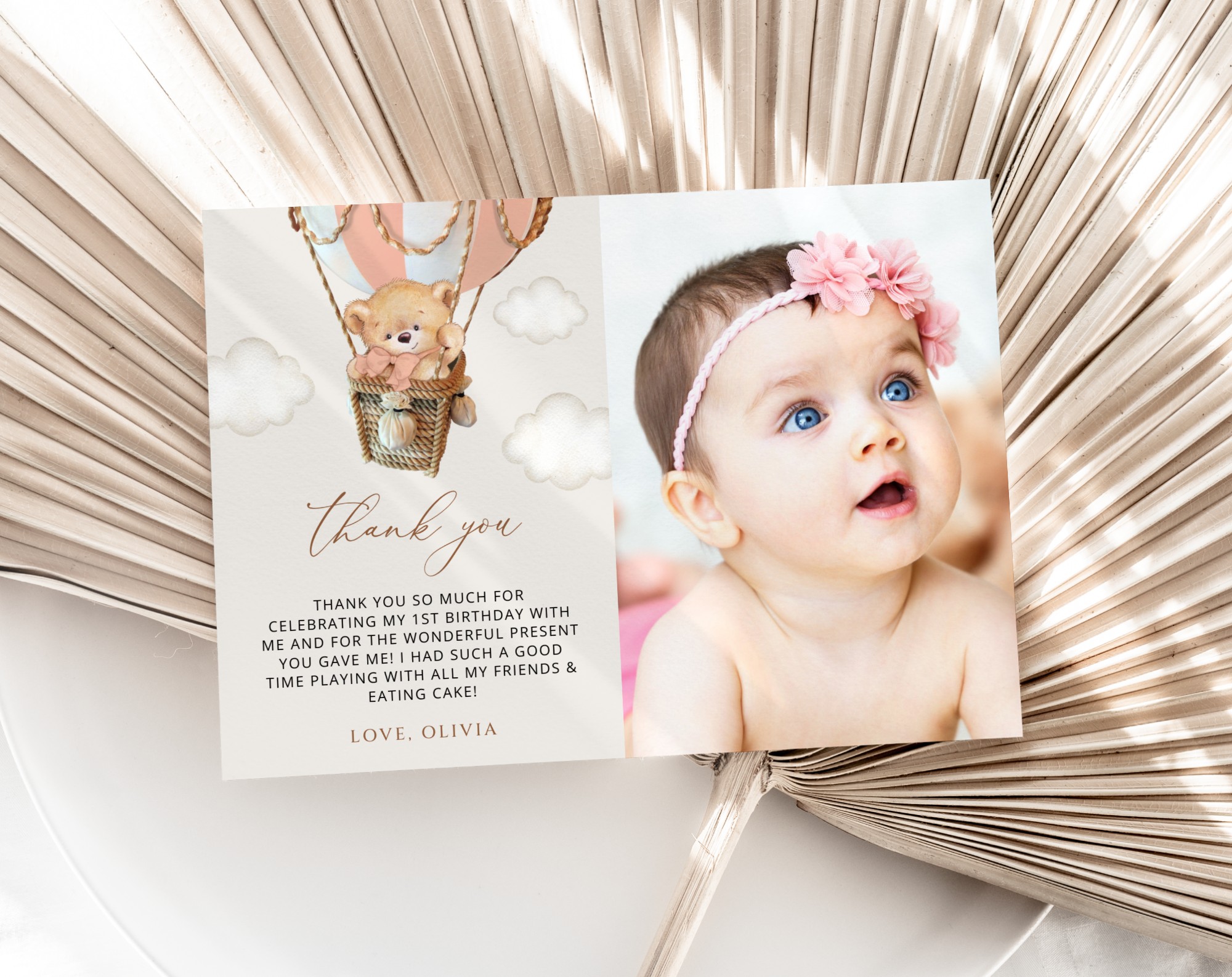 Bear in Pink Balloon Thank You Card, First Birthday, Girl Birthday, Printable File, Edit Yourself, SH82 Bear in Pink Balloon Thank You Card, First Birthday, Girl Birthday, Printable File, Edit Yourself, SH82