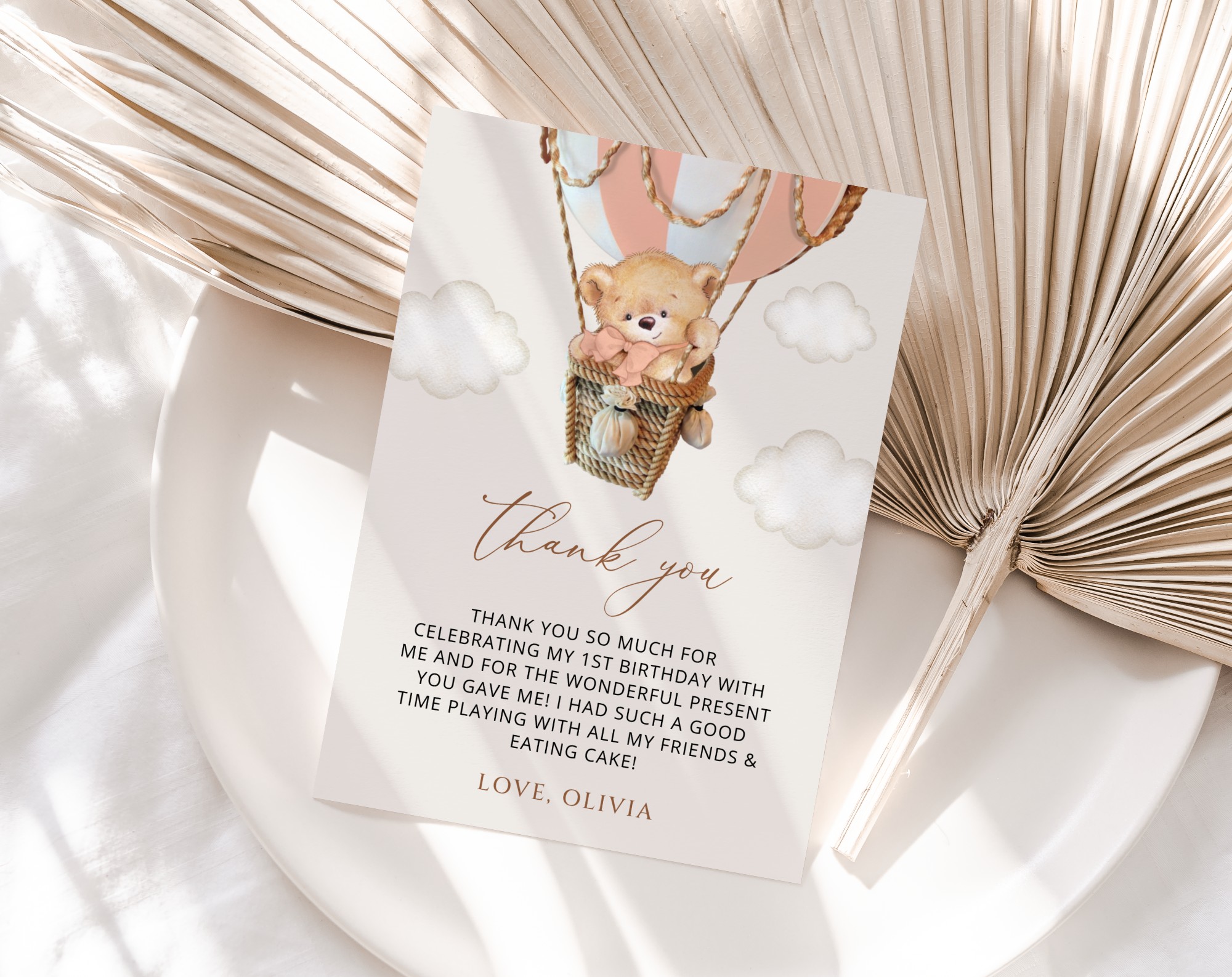 Bear in Pink Balloon Thank You Card, First Birthday, Girl Birthday, Printable File, Edit Yourself, SH82 Bear in Pink Balloon Thank You Card, First Birthday, Girl Birthday, Printable File, Edit Yourself, SH82