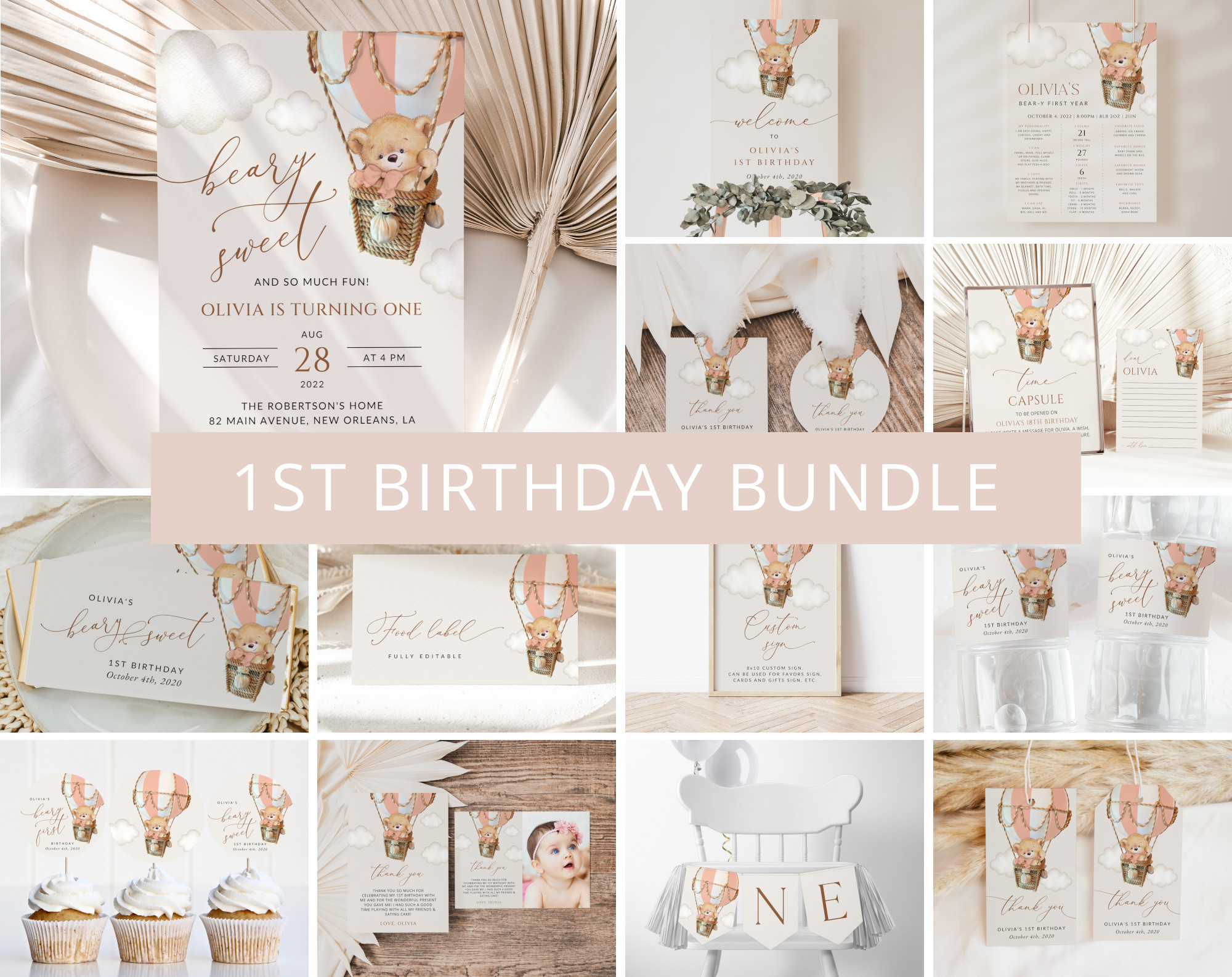 Bear in Pink Balloon First Birthday Bundle, Girl Birthday, Printable File, Edit Yourself, SH82